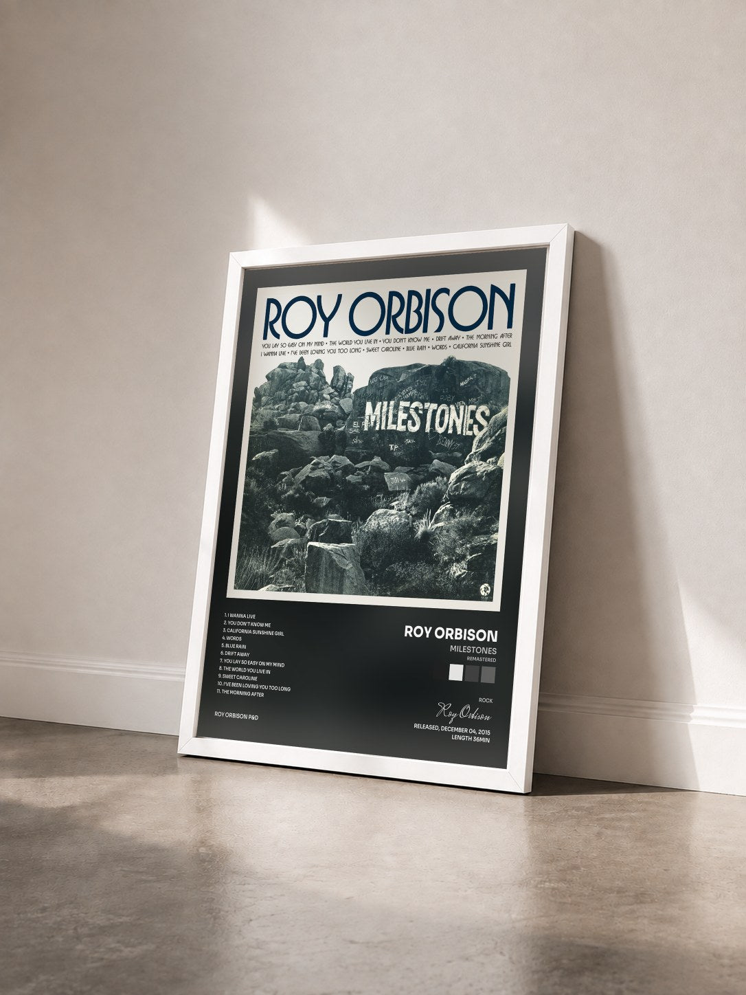 #blanc Tableau de l'album Milestones (Remastered) de Roy Orbison vu de trois quarts, cadre blanc
