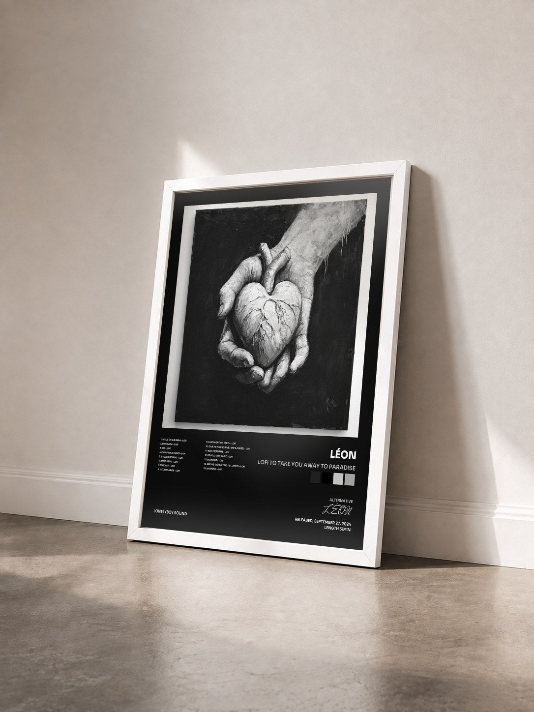 #blanc Tableau de l'album lofi to take you away to paradise de LÉON vu de trois quarts, cadre blanc