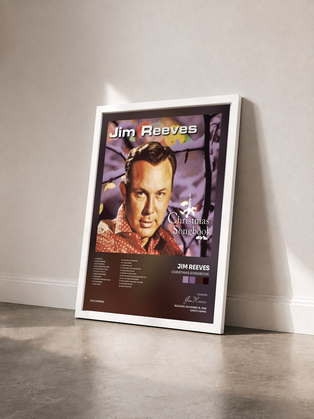 #blanc Tableau de l'album Christmas Songbook de Jim Reeves vu de trois quarts, cadre blanc
