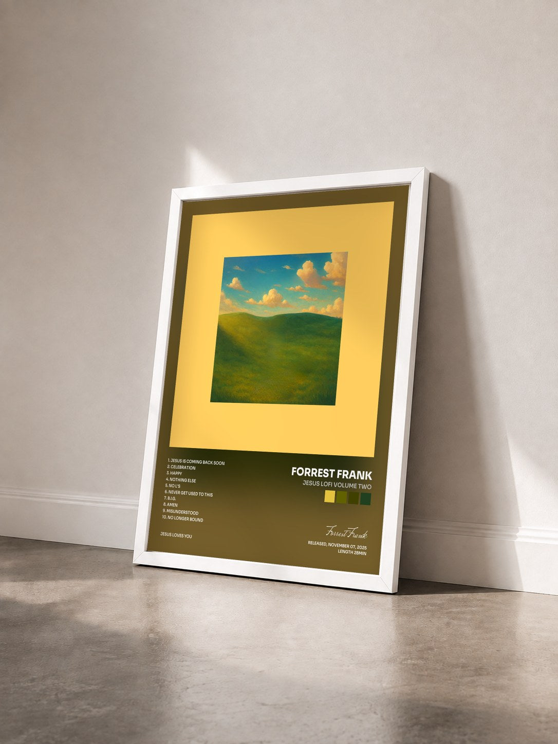 #blanc Tableau de l'album JESUS LOFI VOLUME TWO de Forrest Frank vu de trois quarts, cadre blanc