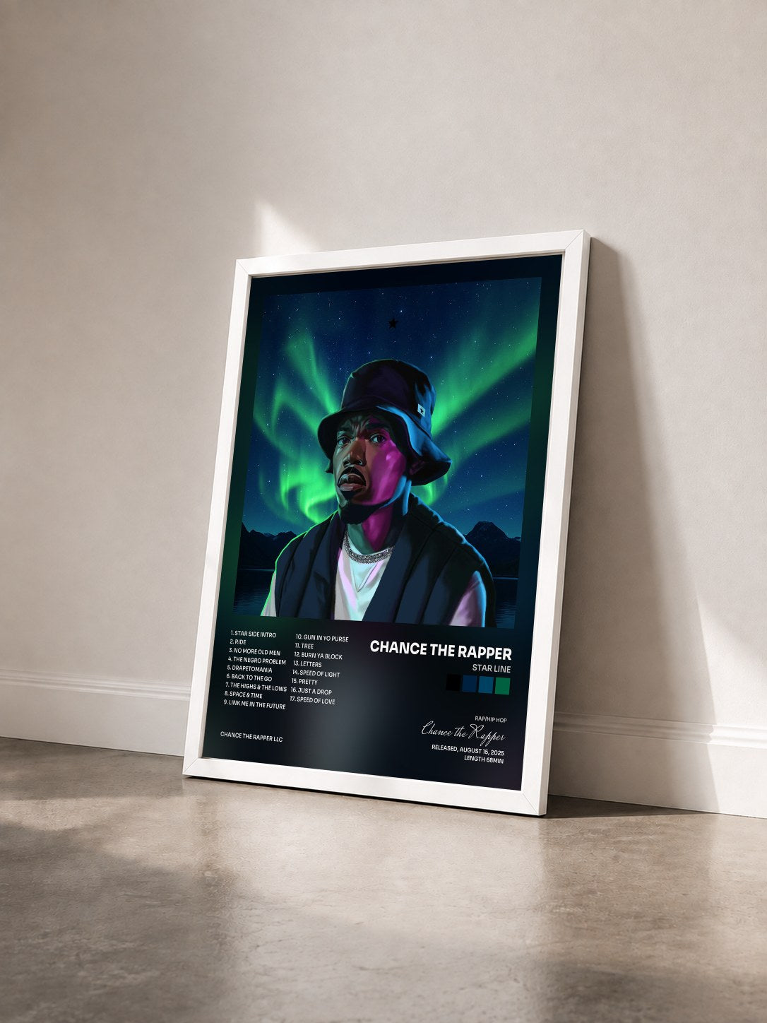 #blanc Tableau de l'album STAR LINE de Chance the Rapper vu de trois quarts, cadre blanc