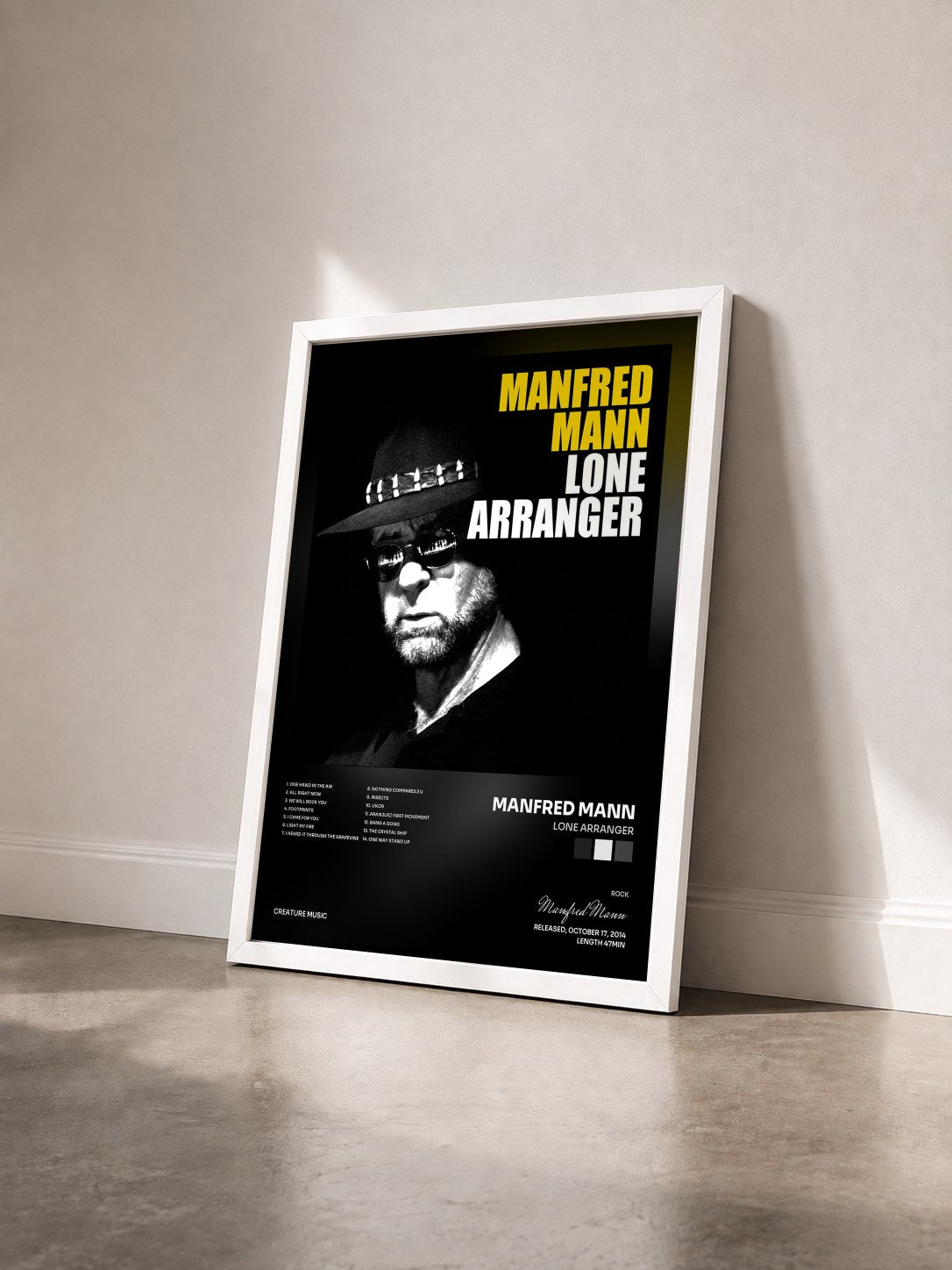 #blanc Tableau de l'album Lone Arranger de Manfred Mann vu de trois quarts, cadre blanc