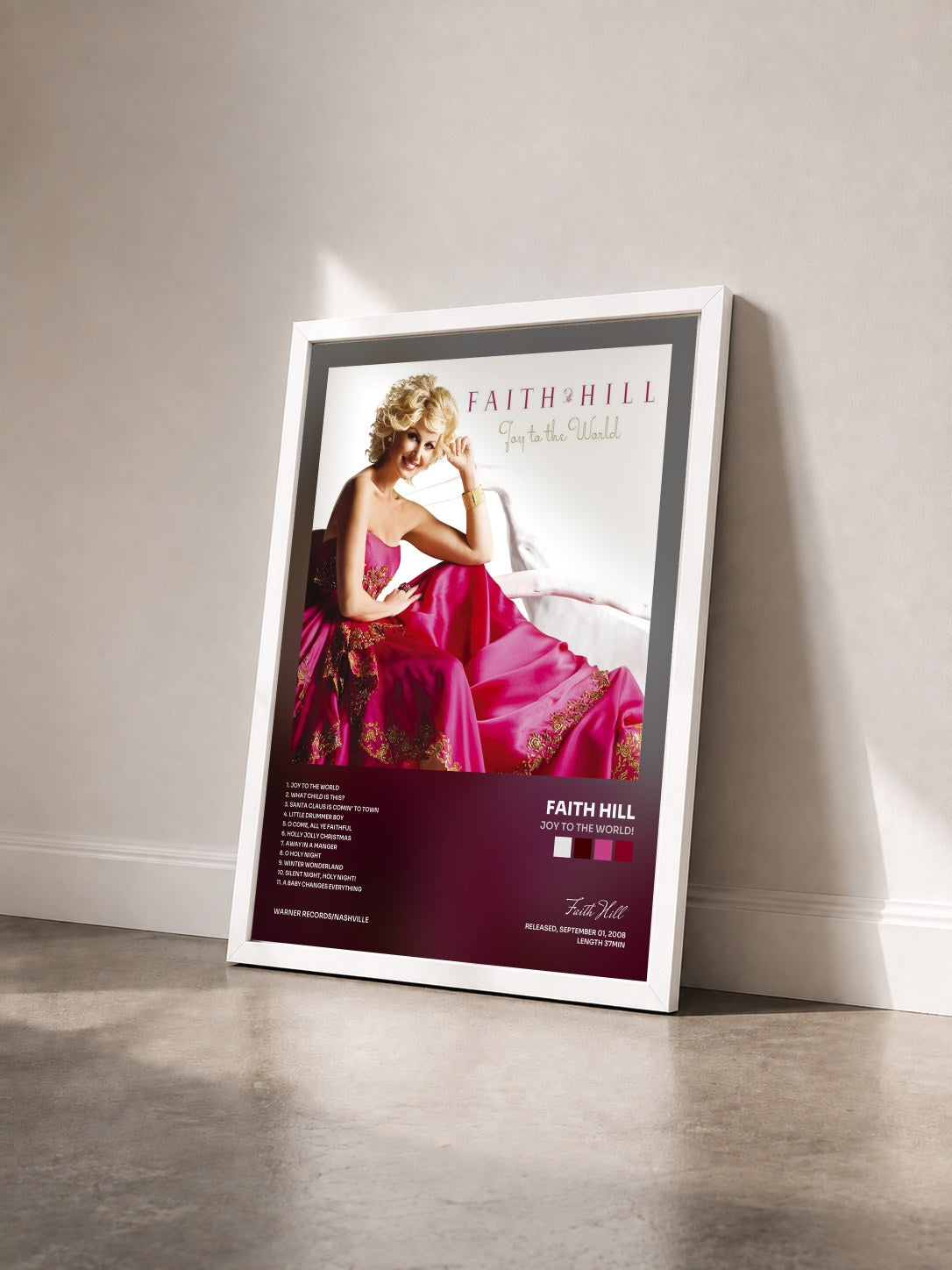 #blanc Tableau de l'album Joy to the World! de Faith Hill vu de trois quarts, cadre blanc