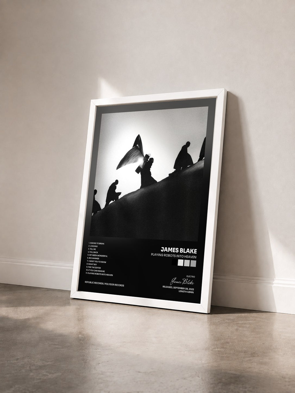 #blanc Tableau de l'album Playing Robots Into Heaven de James Blake vu de trois quarts, cadre blanc
