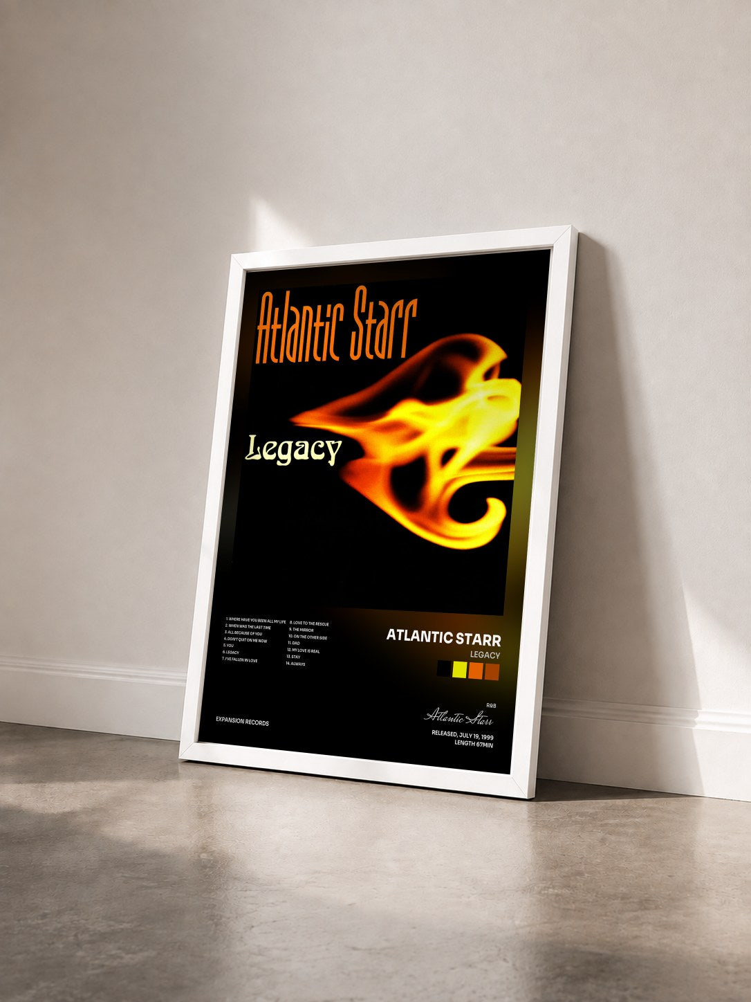 #blanc Tableau de l'album Legacy de Atlantic Starr vu de trois quarts, cadre blanc