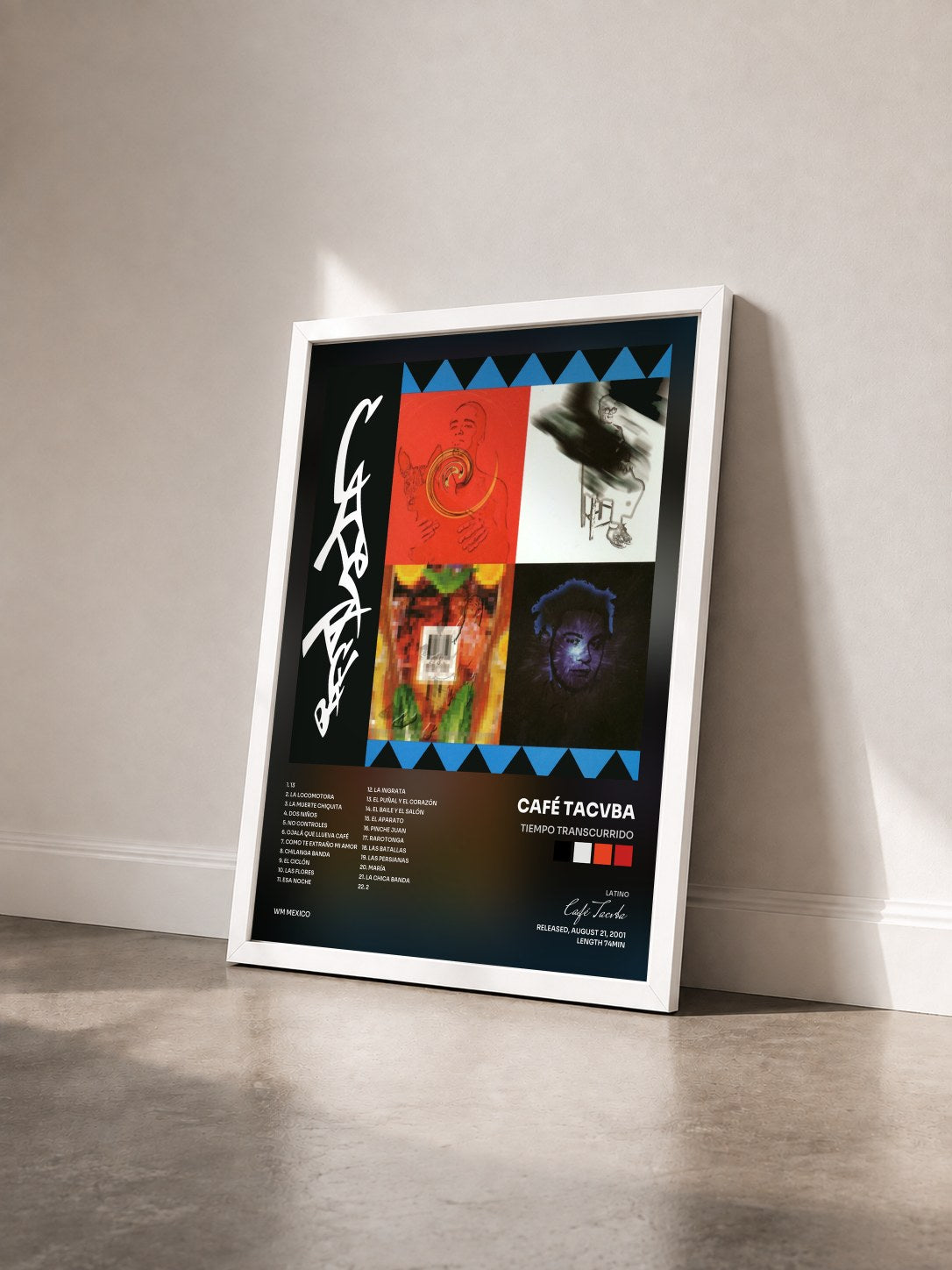 #blanc Tableau de l'album Tiempo transcurrido de Café Tacvba vu de trois quarts, cadre blanc