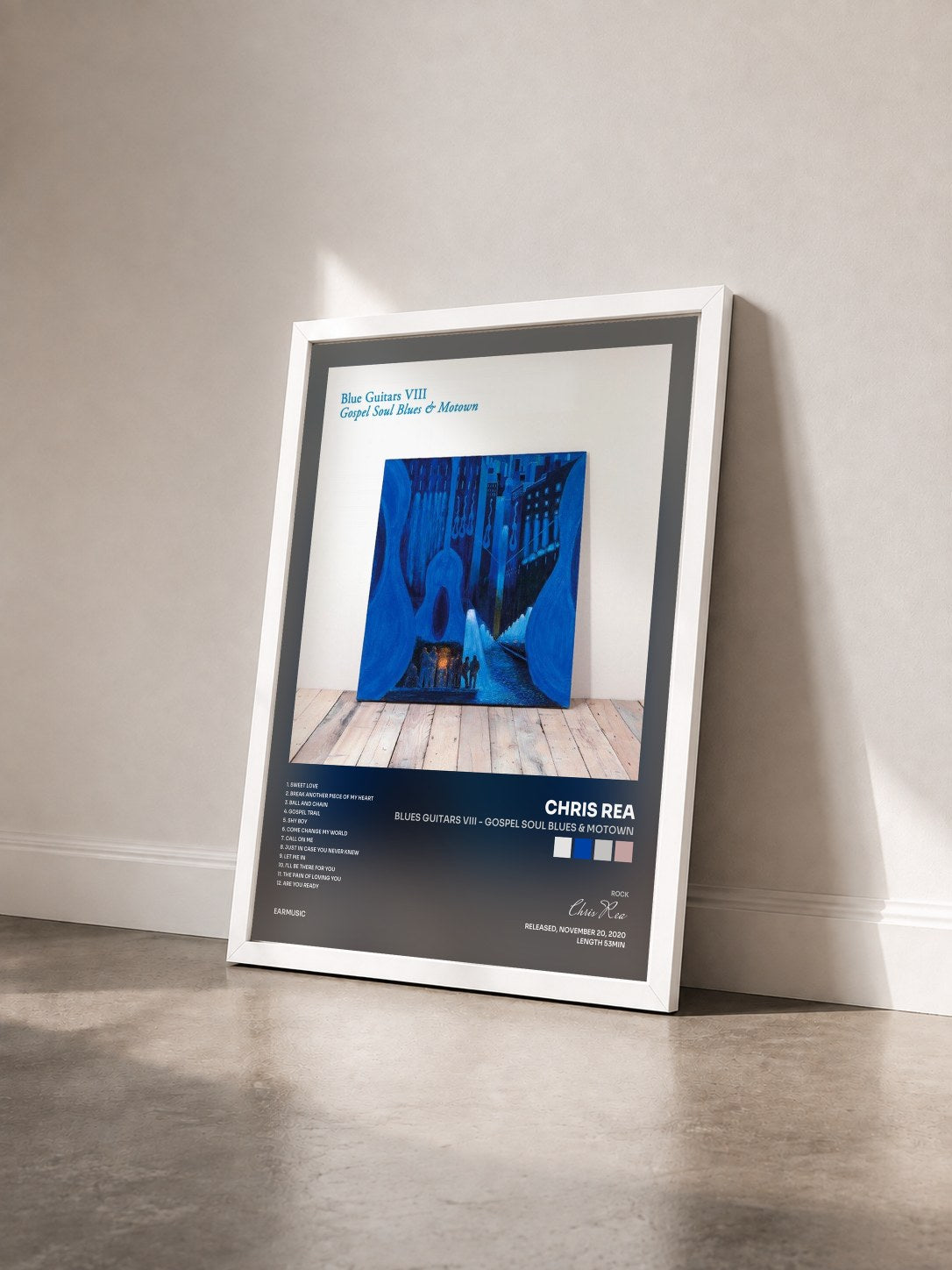 #blanc Tableau de l'album Blues Guitars VIII - Gospel Soul Blues & Motown de Chris Rea vu de trois quarts, cadre blanc