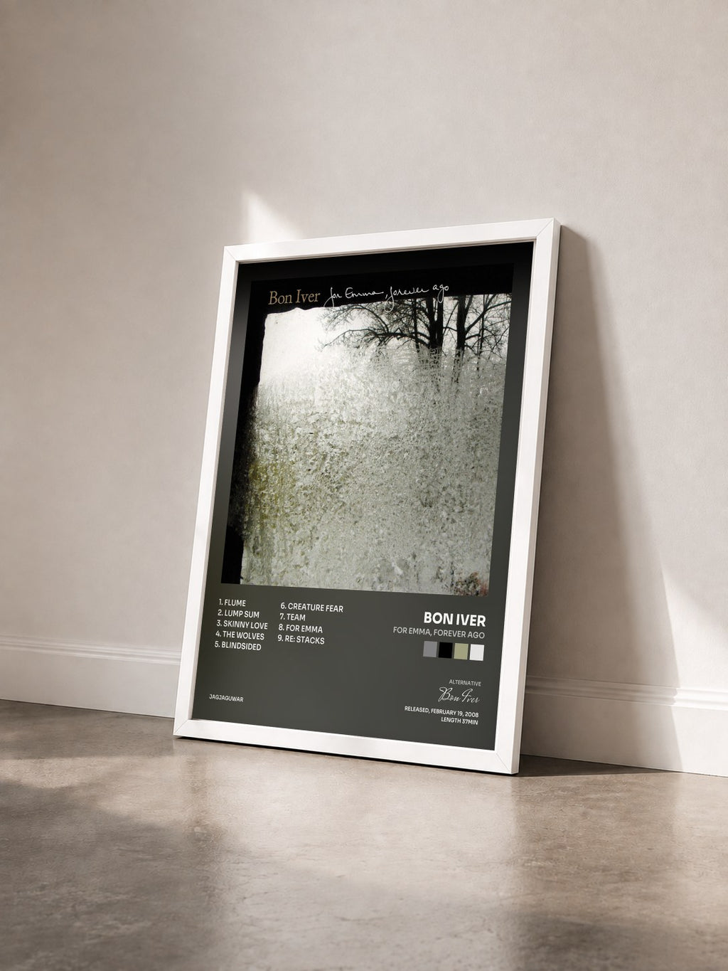 #blanc Tableau de l'album For Emma, Forever Ago de Bon Iver vu de trois quarts, cadre blanc