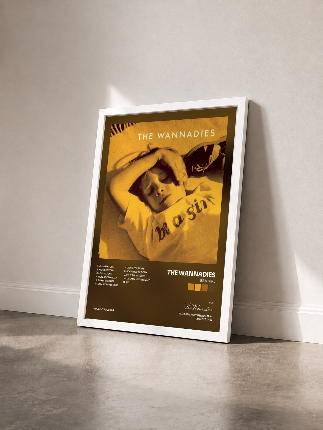 #blanc Tableau de l'album Be A Girl de The Wannadies vu de trois quarts, cadre blanc