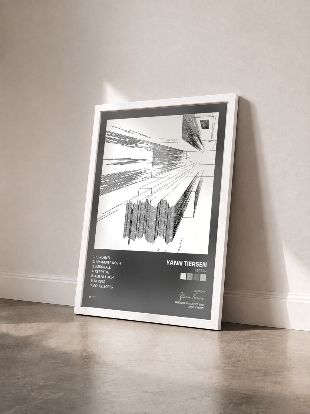 #blanc Tableau de l'album Kerber de Yann Tiersen vu de trois quarts, cadre blanc