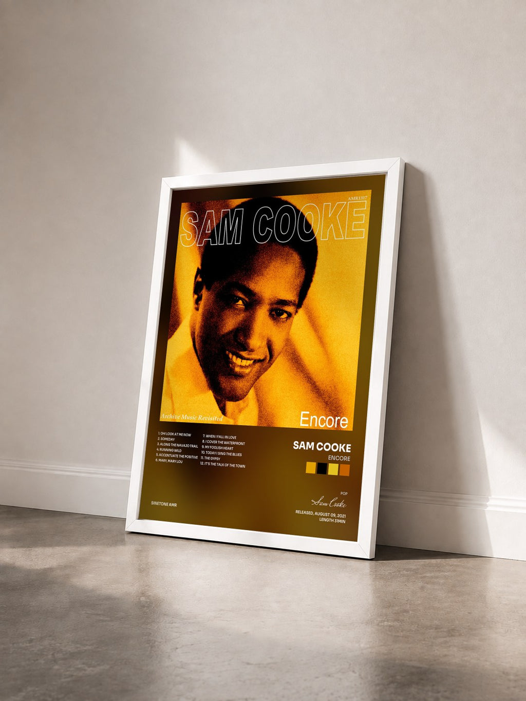 #blanc Encore by Sam Cooke as a framed art print seen at an angle, white frame
