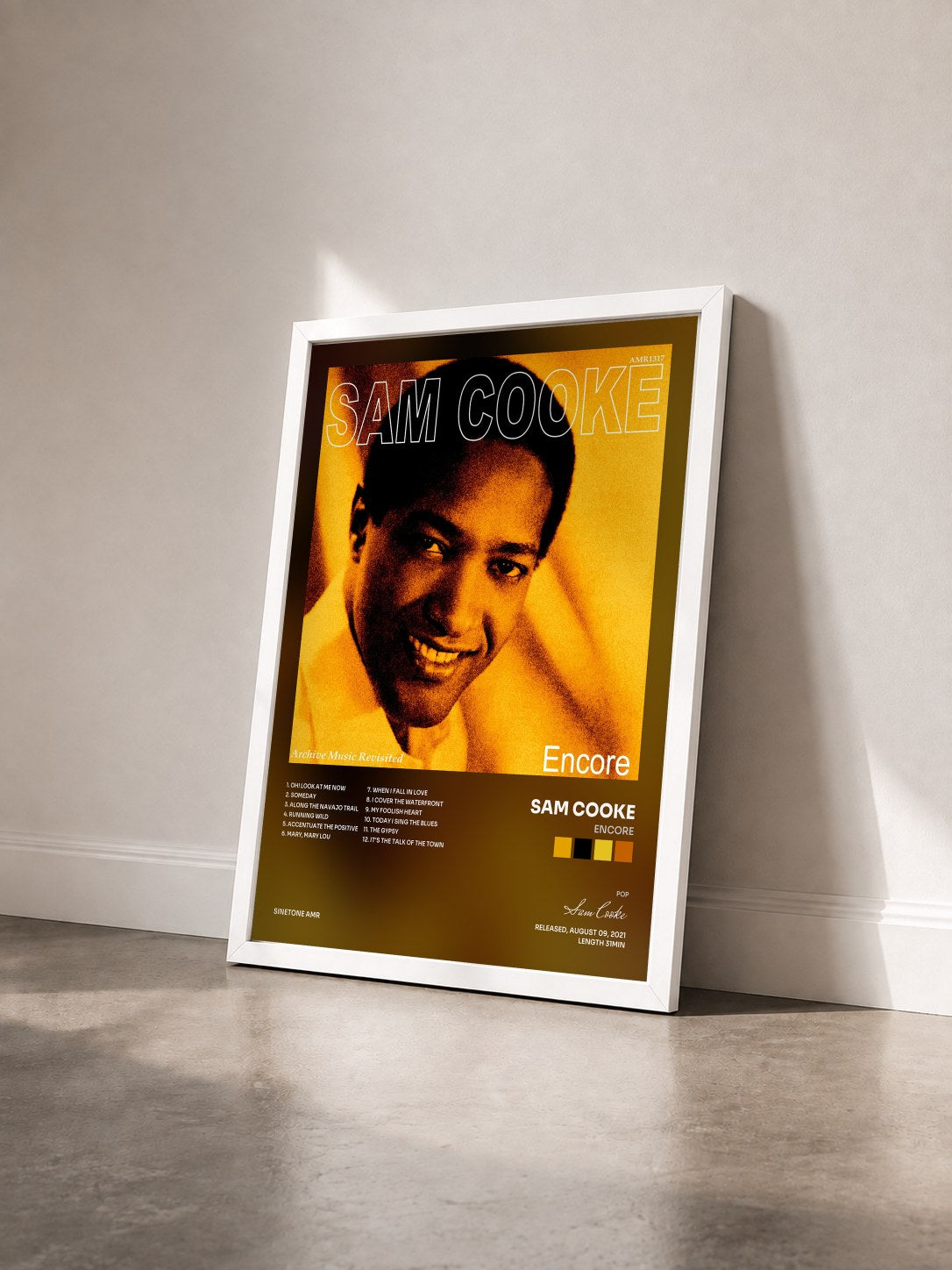 #blanc Tableau de l'album Encore de Sam Cooke vu de trois quarts, cadre blanc