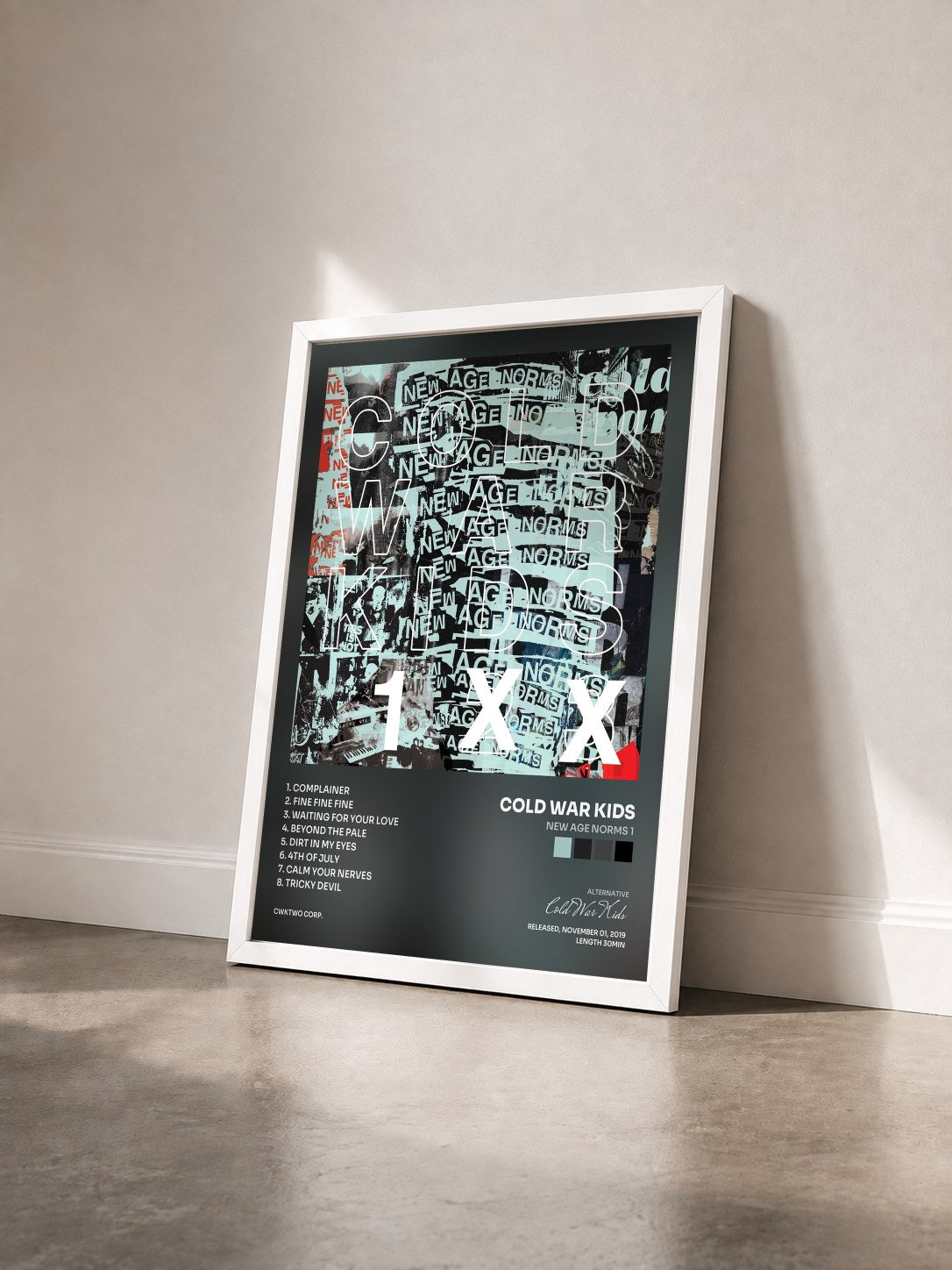 #blanc Tableau de l'album New Age Norms 1 de Cold War Kids vu de trois quarts, cadre blanc