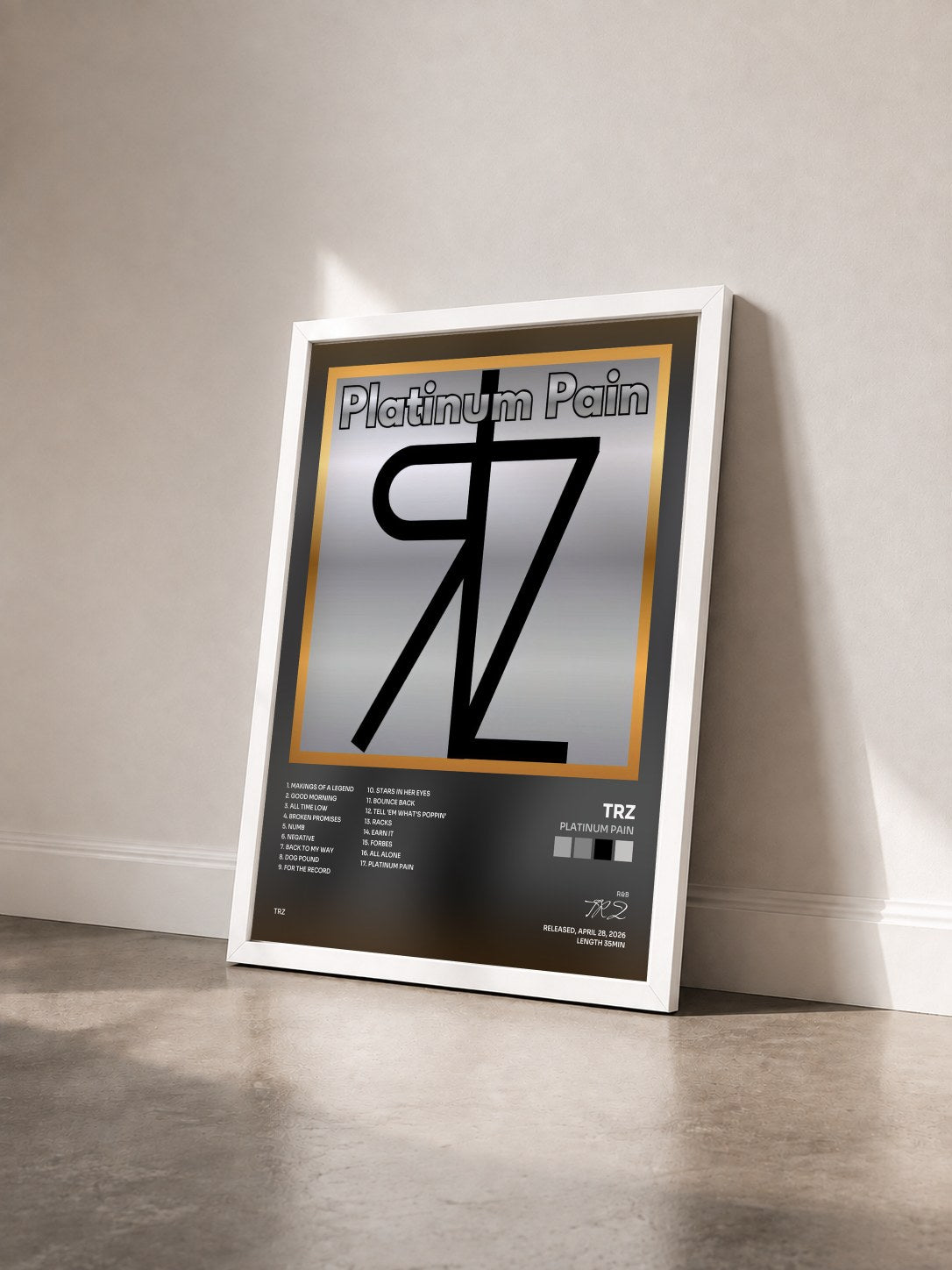 #blanc Tableau de l'album Platinum Pain de TRZ vu de trois quarts, cadre blanc