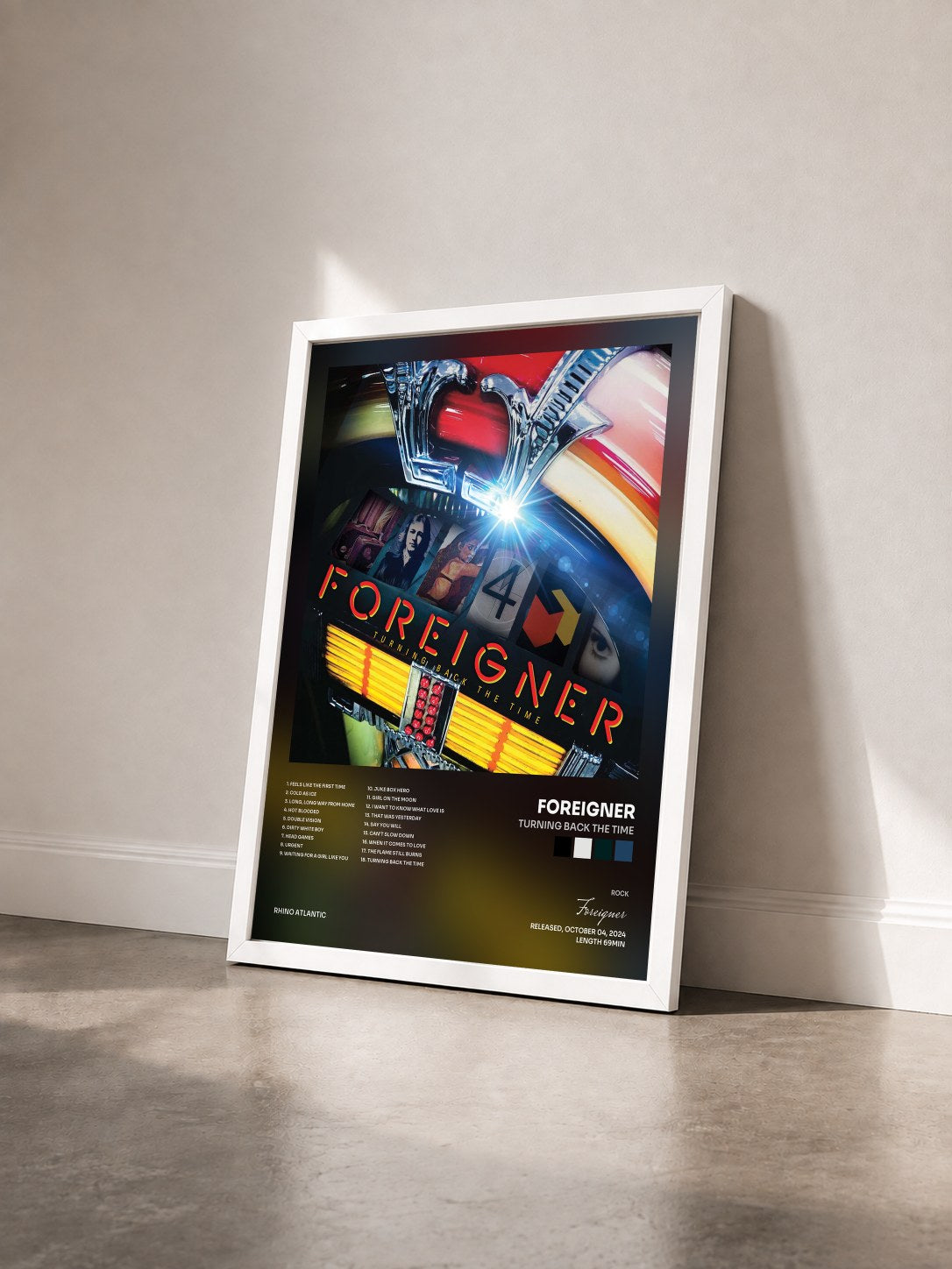 #blanc Tableau de l'album Turning Back the Time de Foreigner vu de trois quarts, cadre blanc