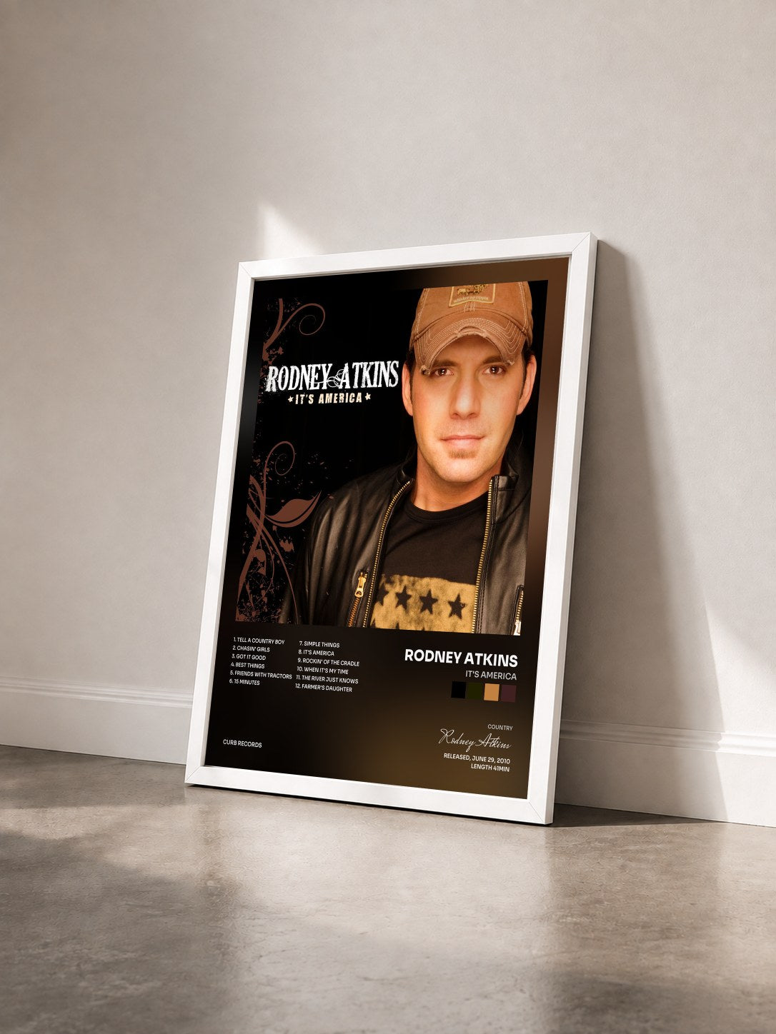 #blanc Tableau de l'album It's America de Rodney Atkins vu de trois quarts, cadre blanc