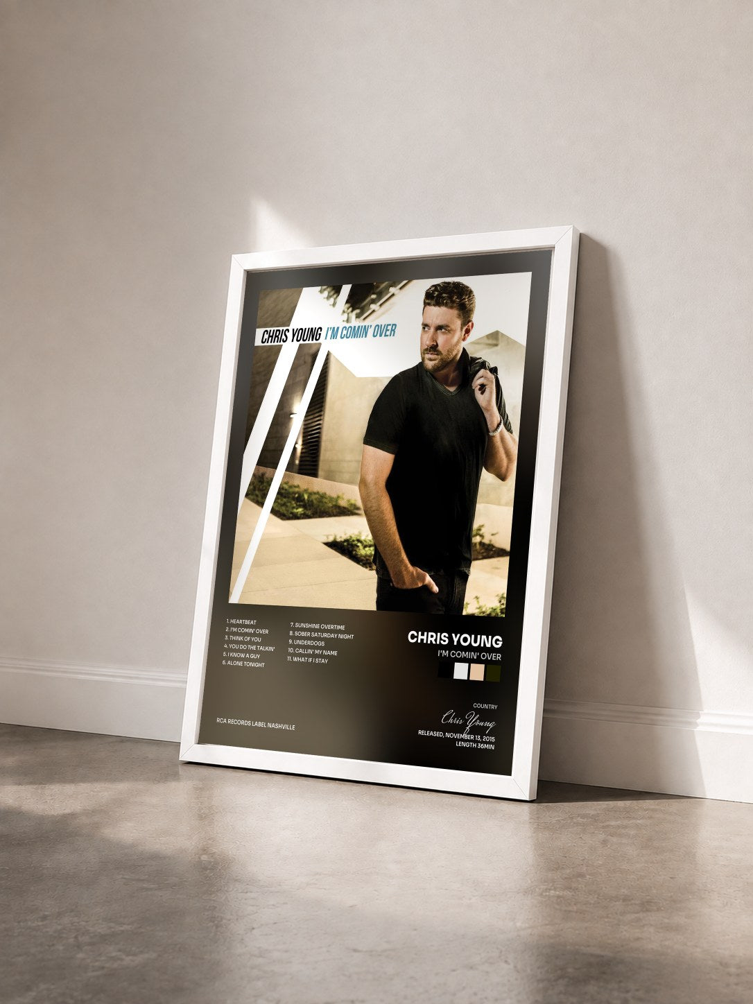 #blanc Tableau de l'album I'm Comin' Over de Chris Young vu de trois quarts, cadre blanc