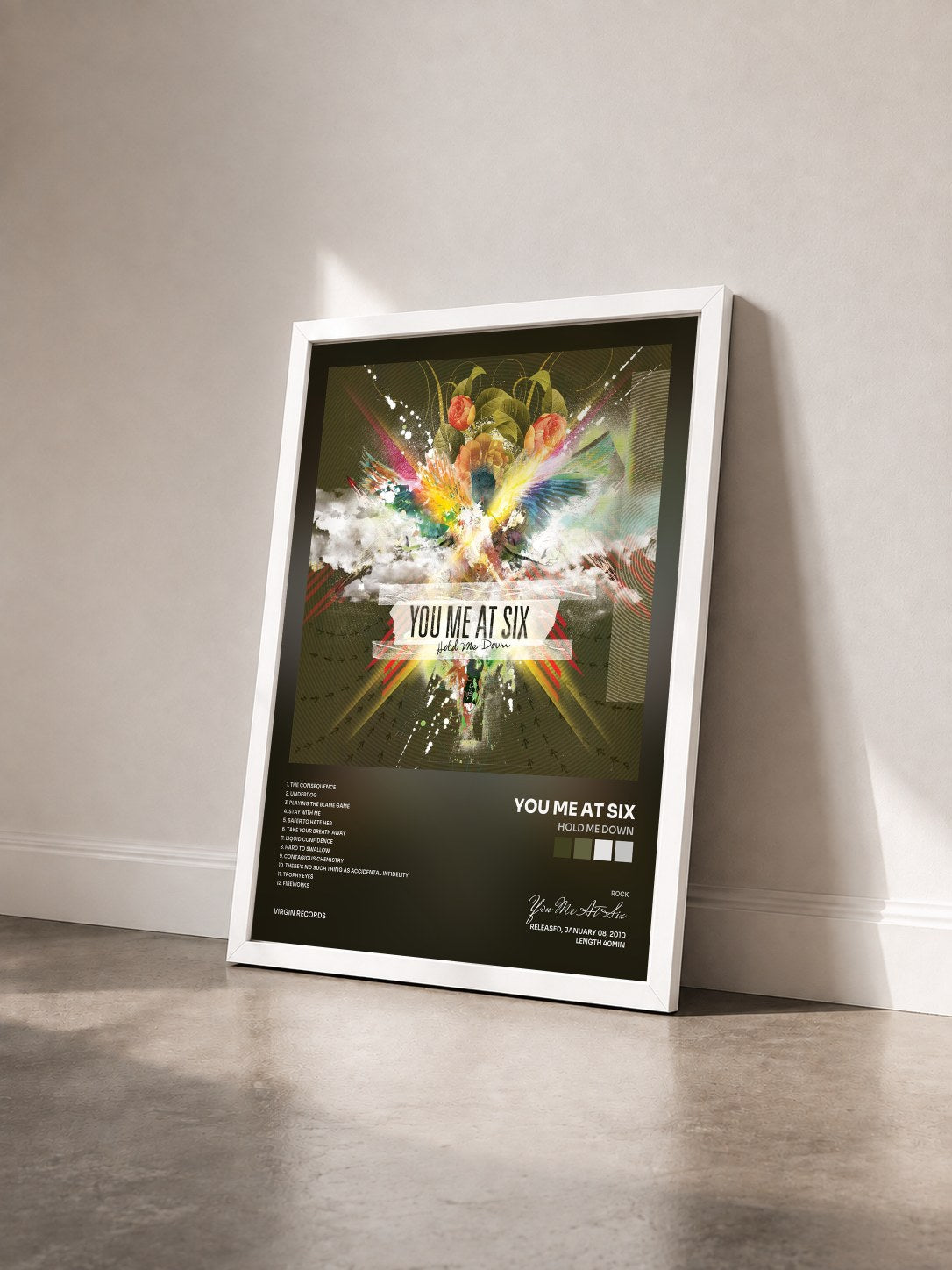 #blanc Tableau de l'album Hold Me Down de You Me At Six vu de trois quarts, cadre blanc