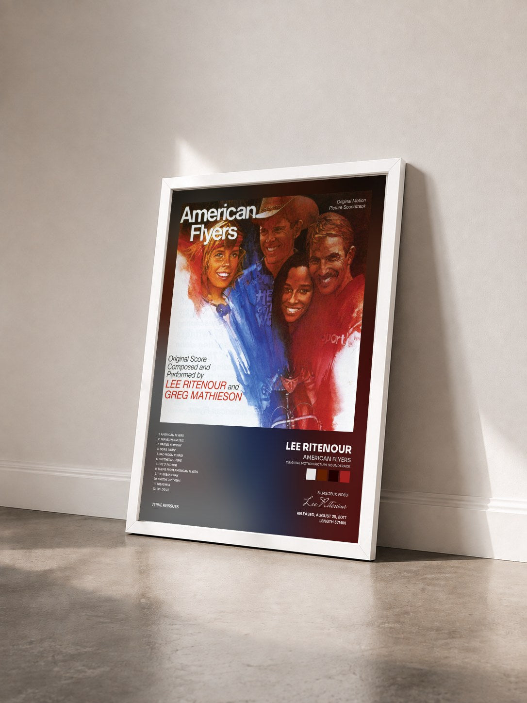 #blanc Tableau de l'album American Flyers (Original Motion Picture Soundtrack) de Lee Ritenour vu de trois quarts, cadre blanc