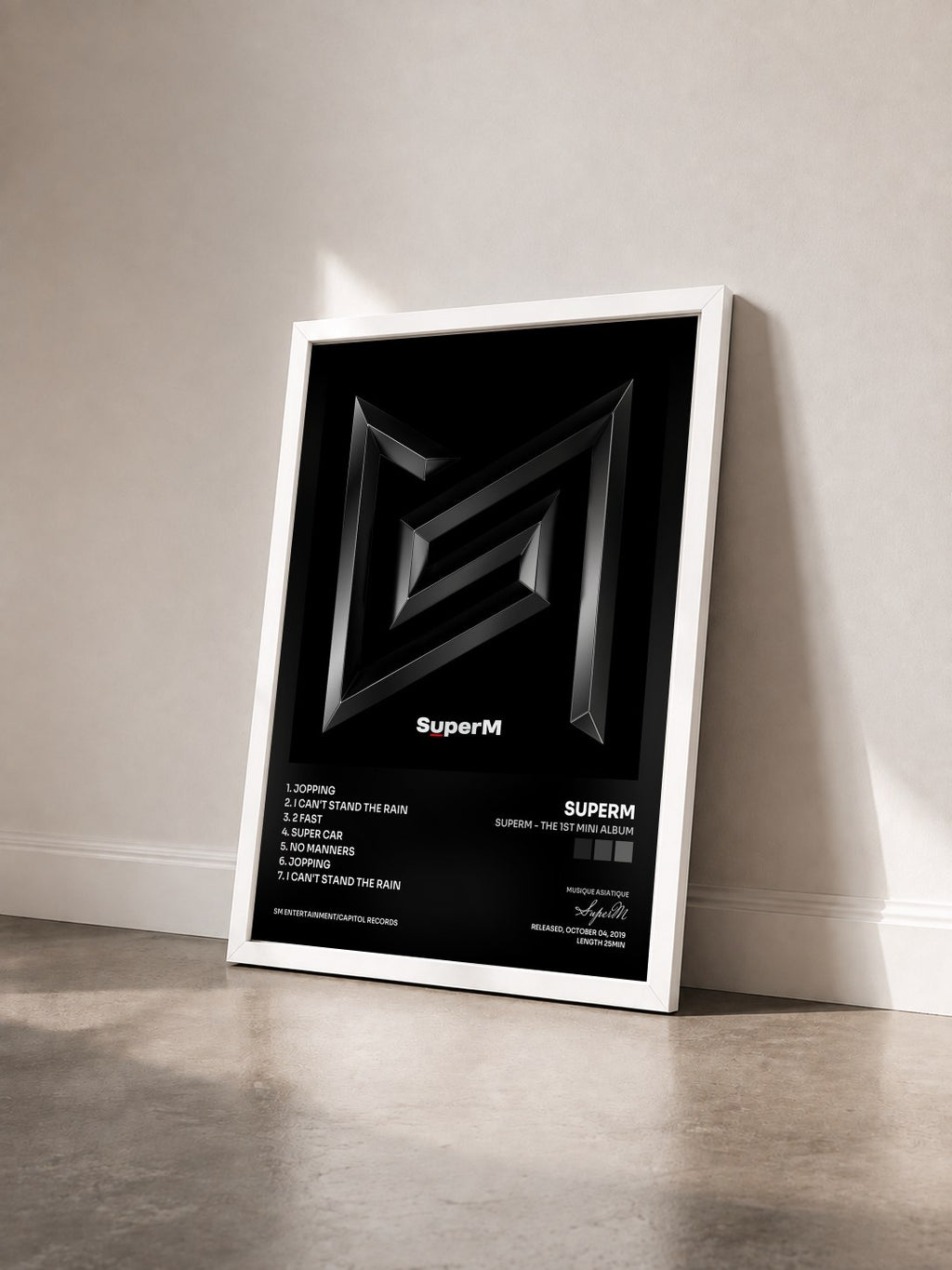 #blanc SuperM - The 1st Mini Album by SuperM as a framed art print seen at an angle, white frame