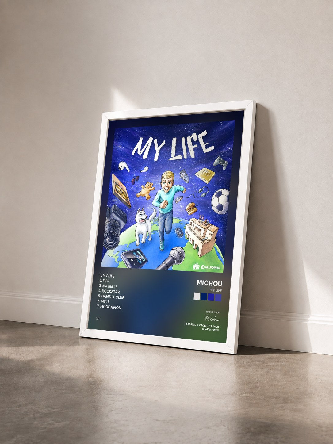 #blanc Tableau de l'album My Life de Michou vu de trois quarts, cadre blanc