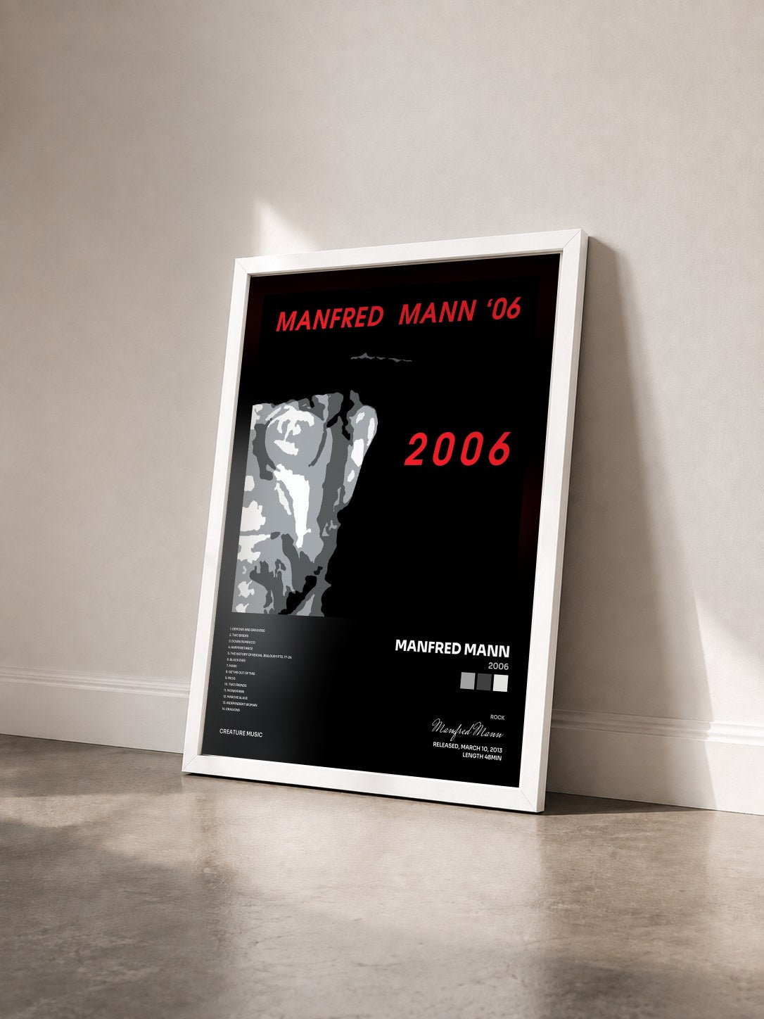 #blanc Tableau de l'album 2006 de Manfred Mann vu de trois quarts, cadre blanc