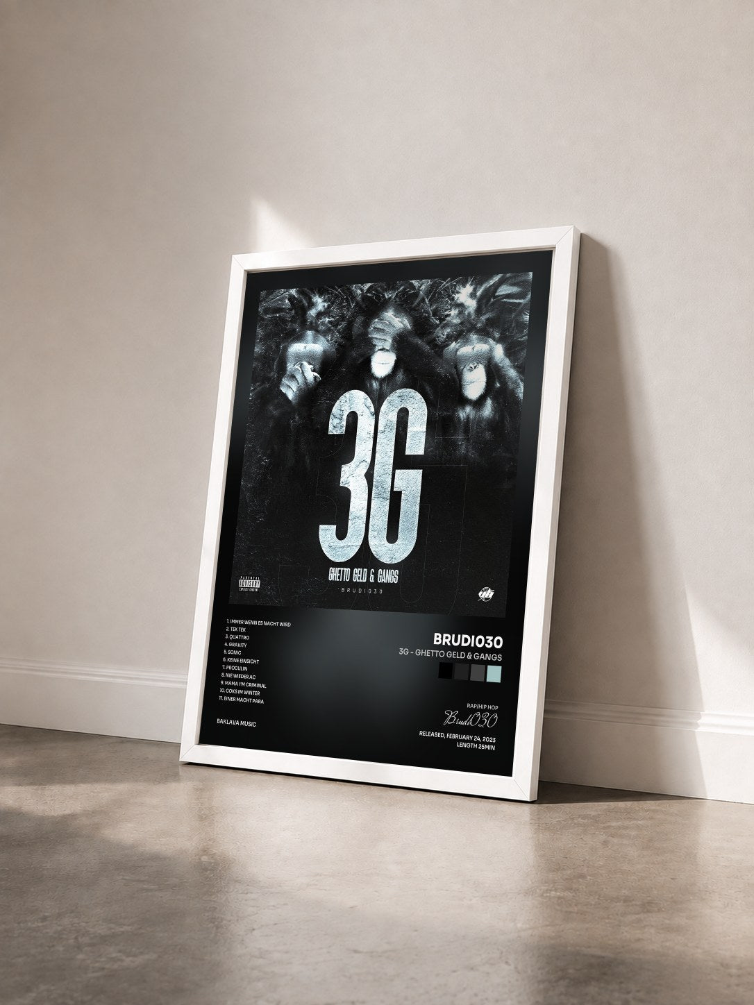 #blanc Tableau de l'album 3G - Ghetto Geld & Gangs de Brudi030 vu de trois quarts, cadre blanc