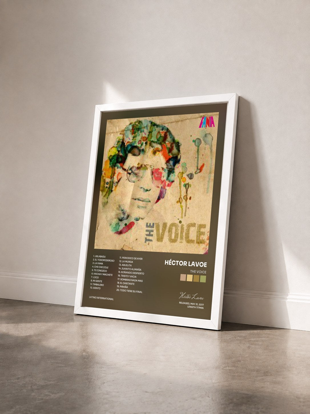 #blanc Tableau de l'album The Voice de Héctor Lavoe vu de trois quarts, cadre blanc