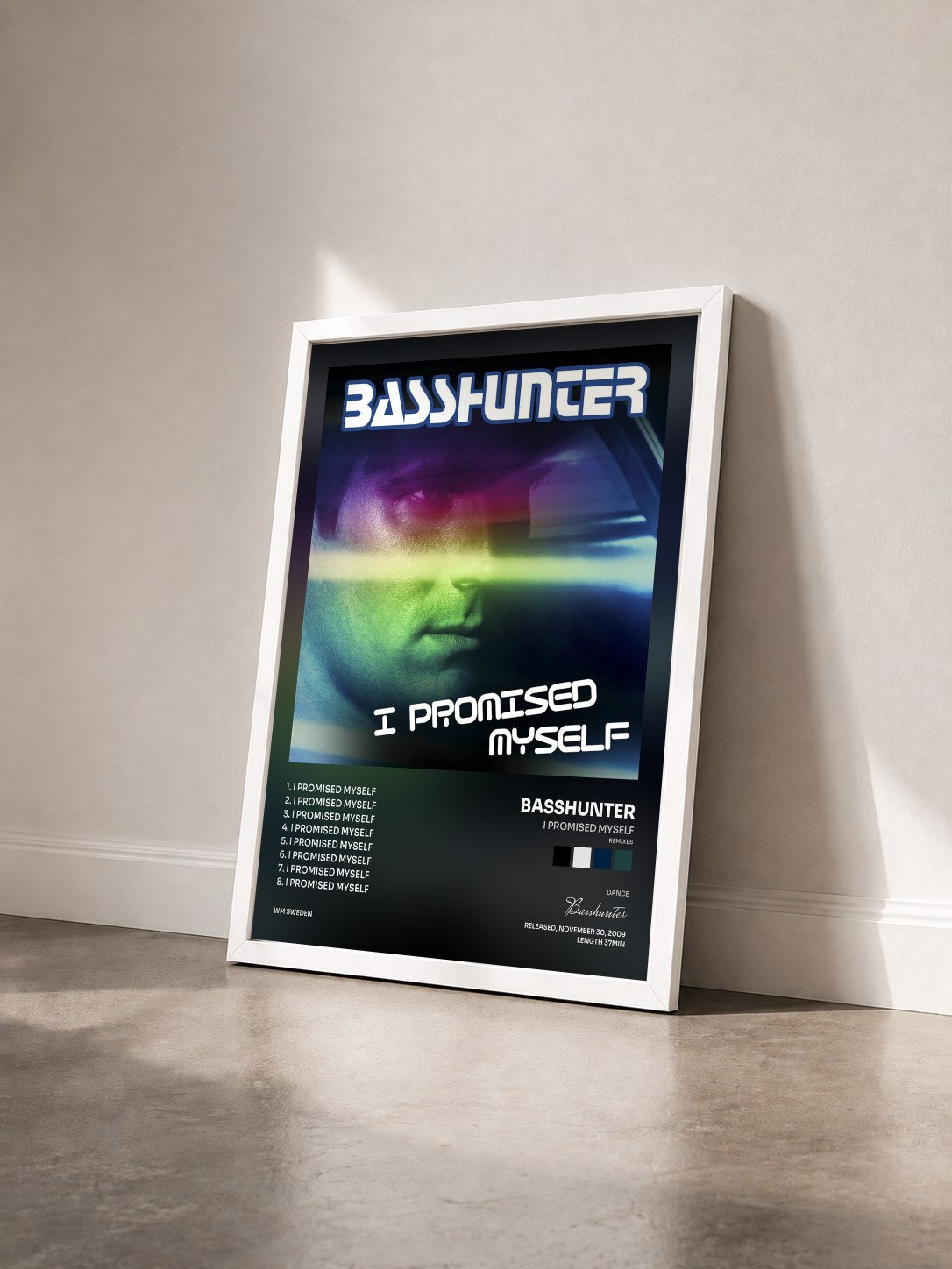#blanc Tableau de l'album I Promised Myself (Remixes) de Basshunter vu de trois quarts, cadre blanc