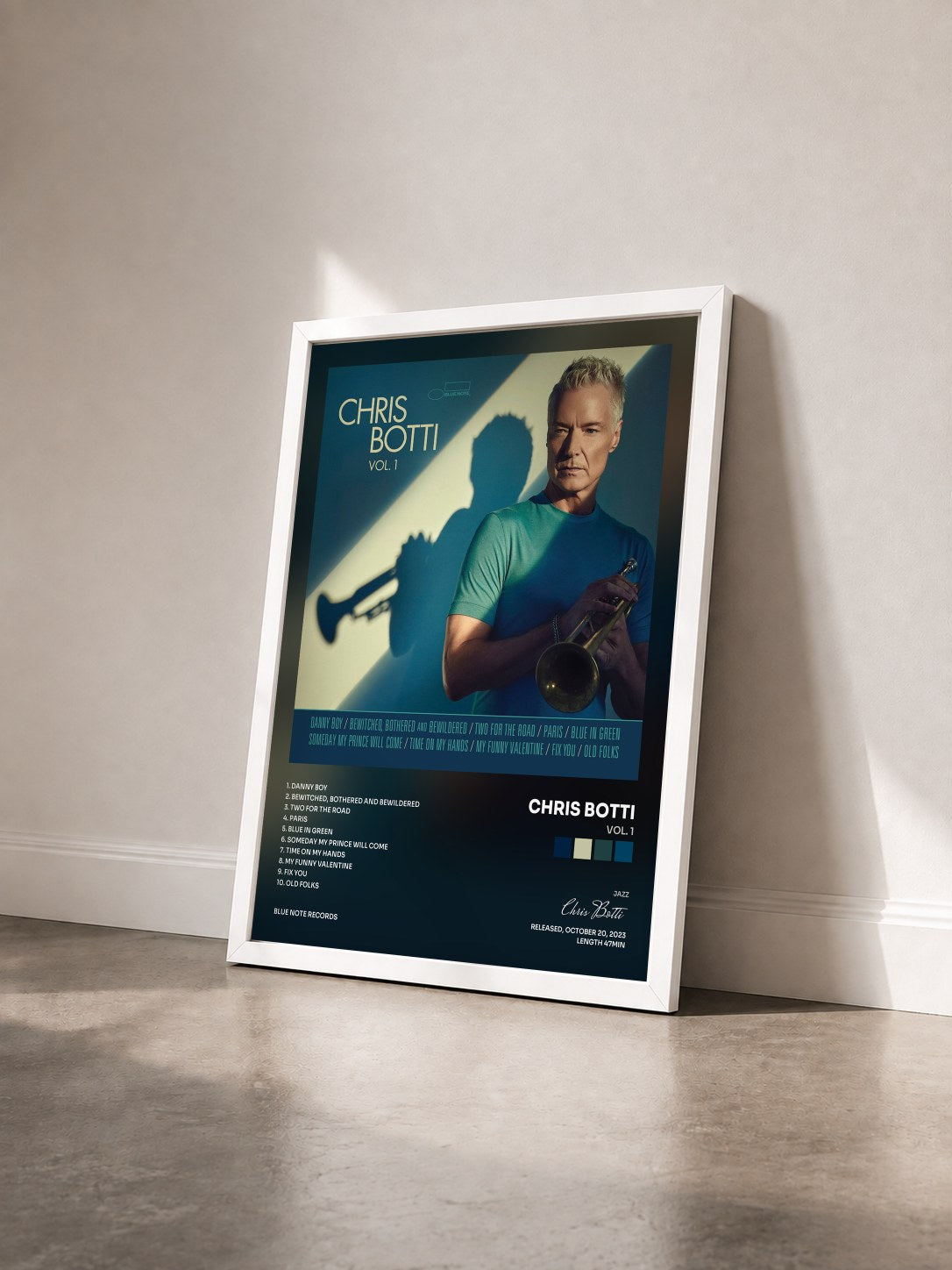 #blanc Tableau de l'album Vol. 1 de Chris Botti vu de trois quarts, cadre blanc