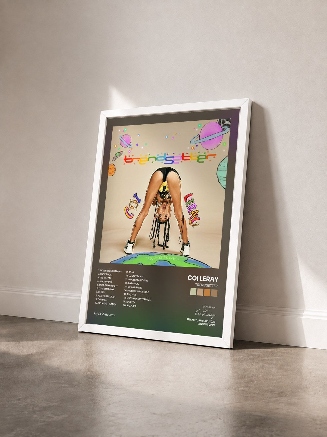 #blanc Tableau de l'album Trendsetter de Coi Leray vu de trois quarts, cadre blanc