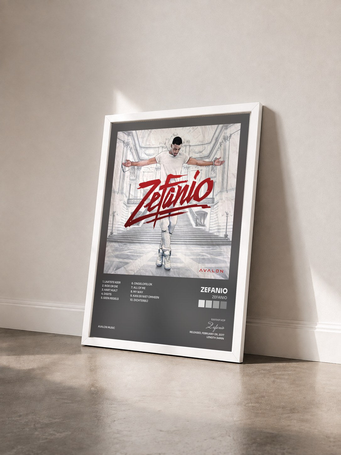 #blanc Tableau de l'album ZEFANIO de Zefanio vu de trois quarts, cadre blanc