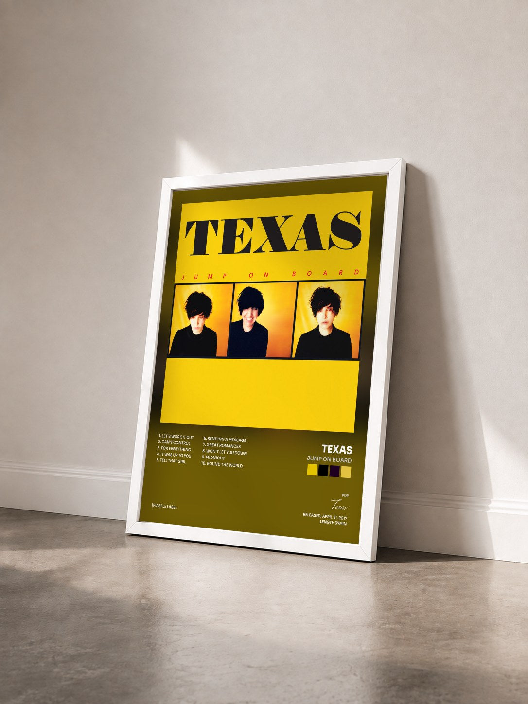 #blanc Tableau de l'album Jump on Board de Texas vu de trois quarts, cadre blanc