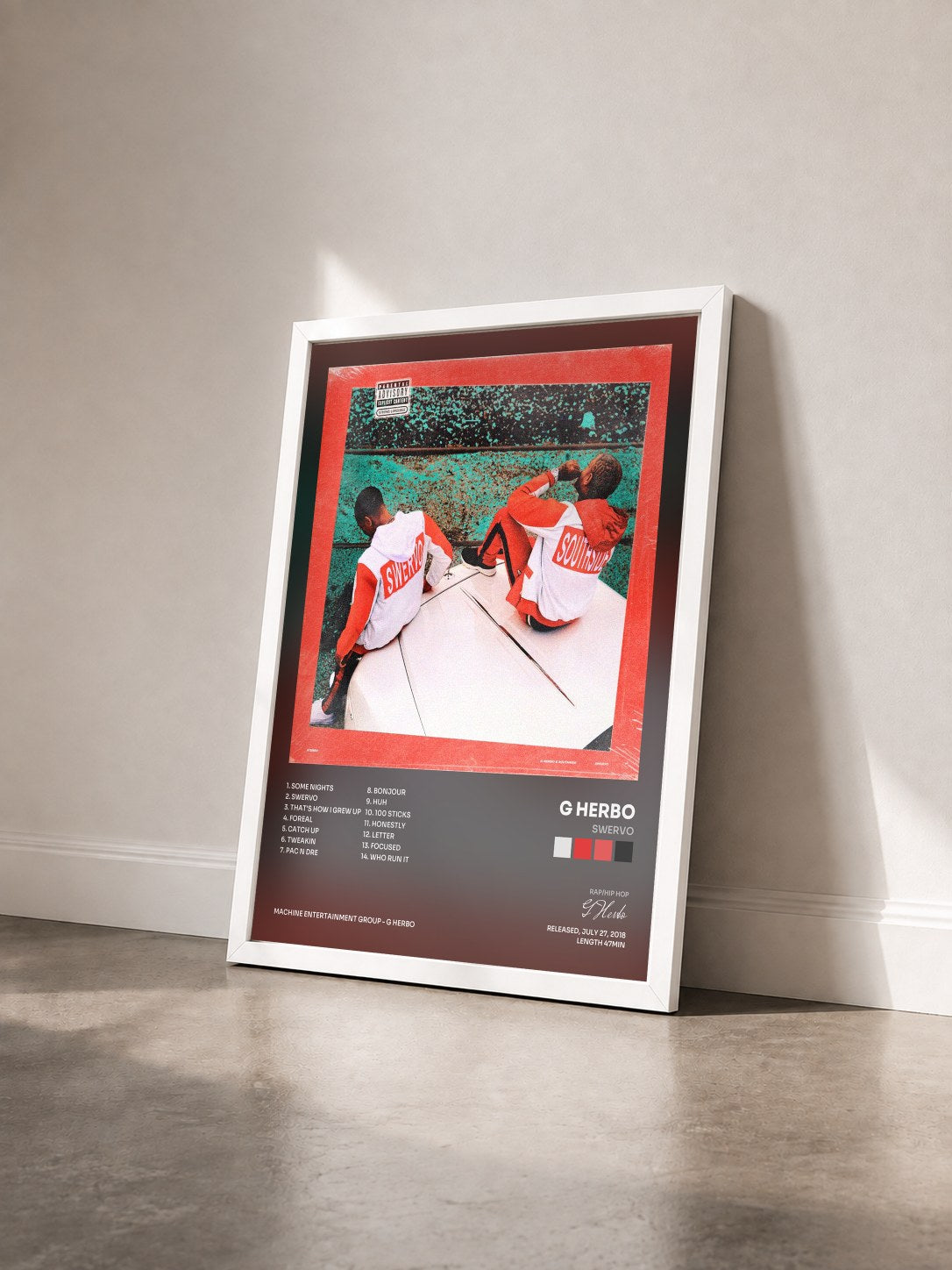 #blanc Tableau de l'album Swervo de G Herbo vu de trois quarts, cadre blanc