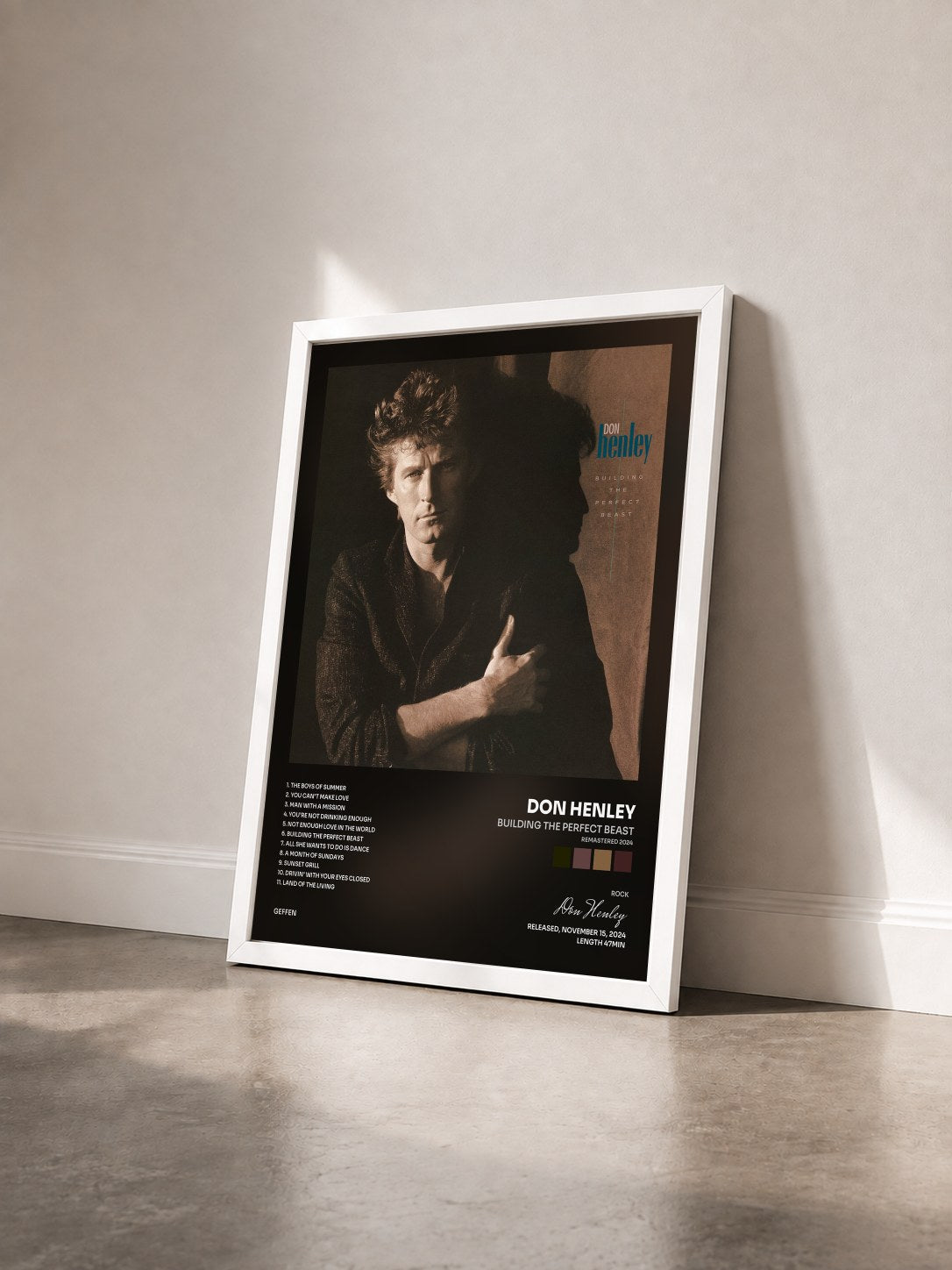 #blanc Tableau de l'album Building The Perfect Beast (Remastered 2024) de Don Henley vu de trois quarts, cadre blanc