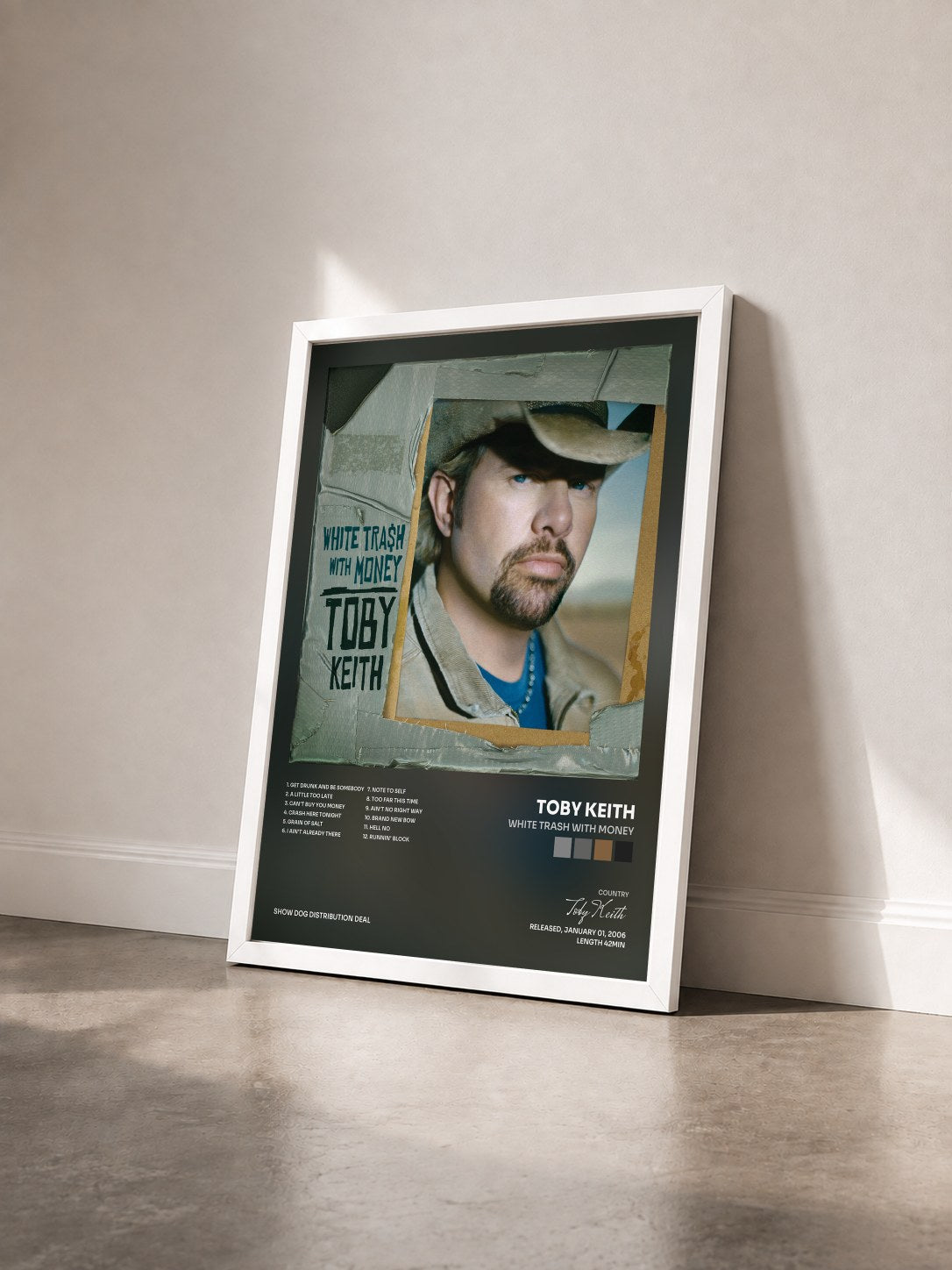 #blanc Tableau de l'album White Trash With Money de Toby Keith vu de trois quarts, cadre blanc