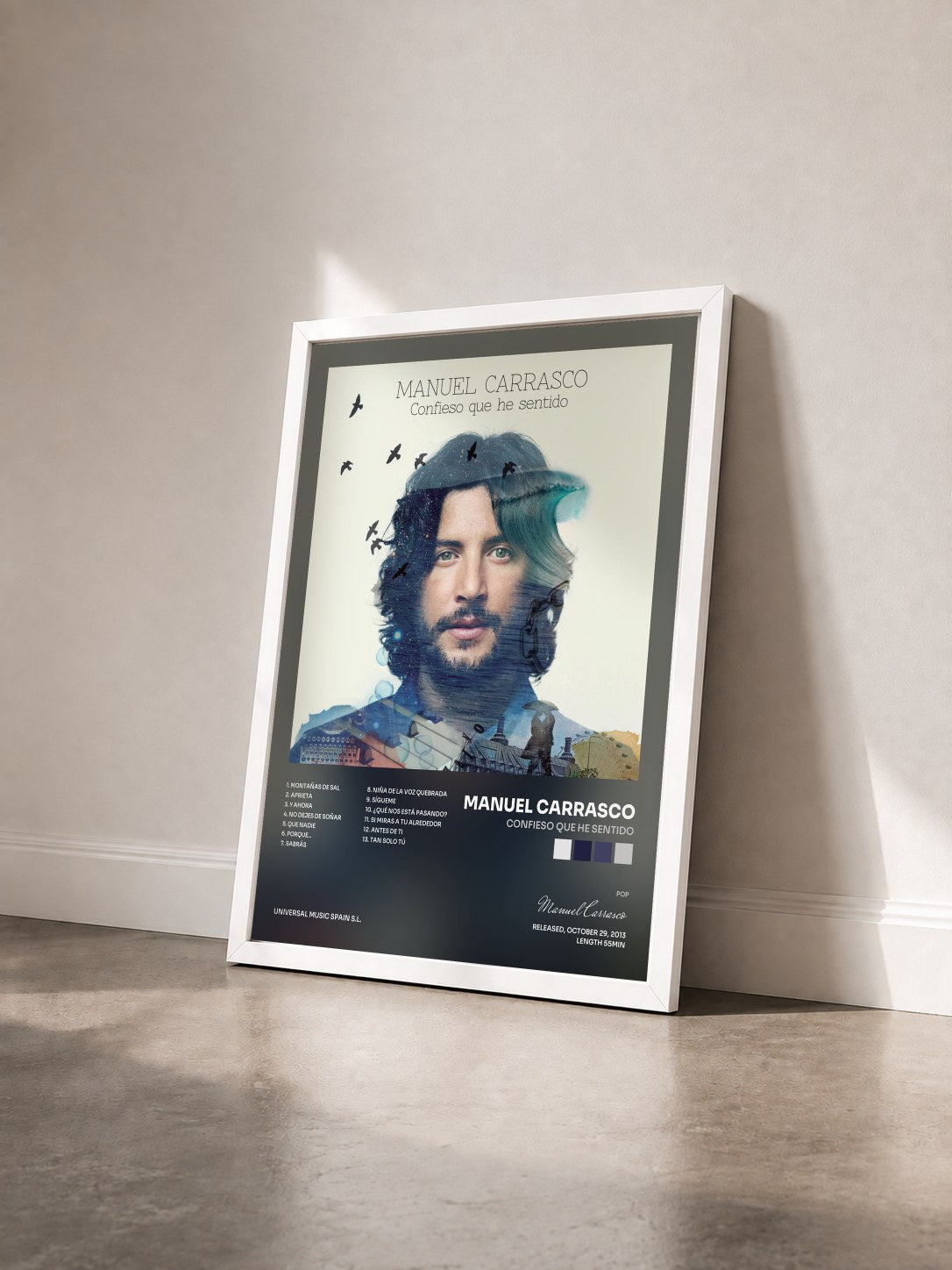 #blanc Tableau de l'album Confieso Que He Sentido de Manuel Carrasco vu de trois quarts, cadre blanc