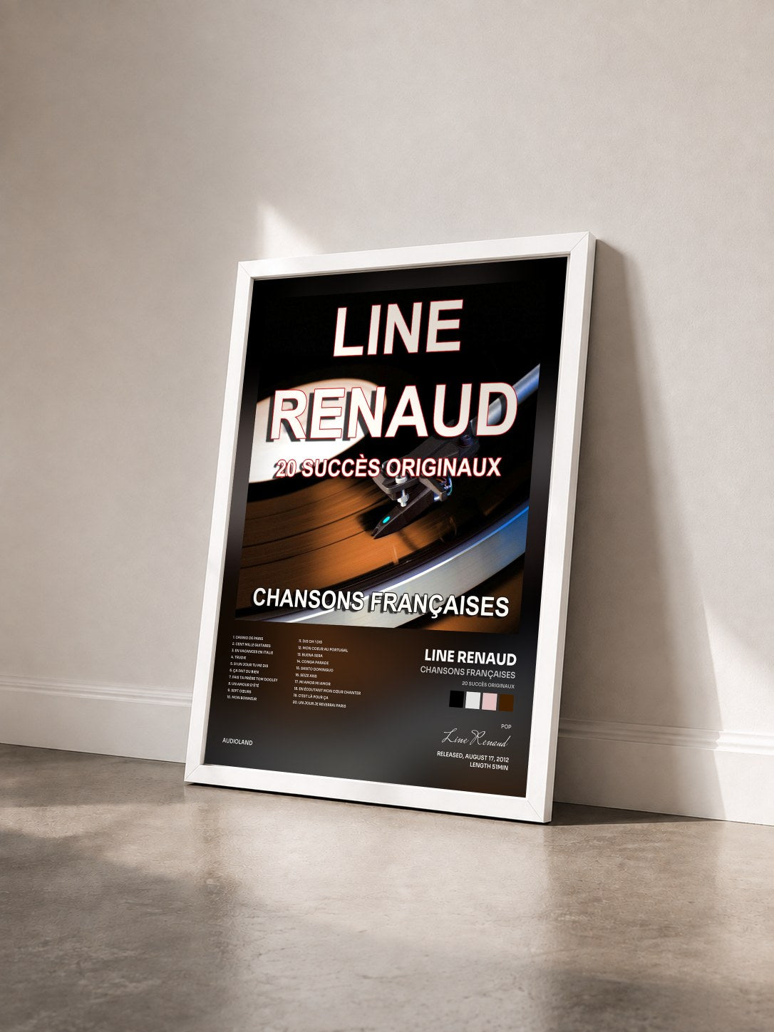 #blanc Tableau de l'album Chansons françaises (20 succès originaux) de Line Renaud vu de trois quarts, cadre blanc