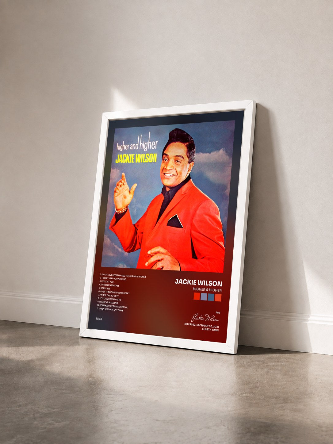 #blanc Tableau de l'album Higher & Higher de Jackie Wilson vu de trois quarts, cadre blanc