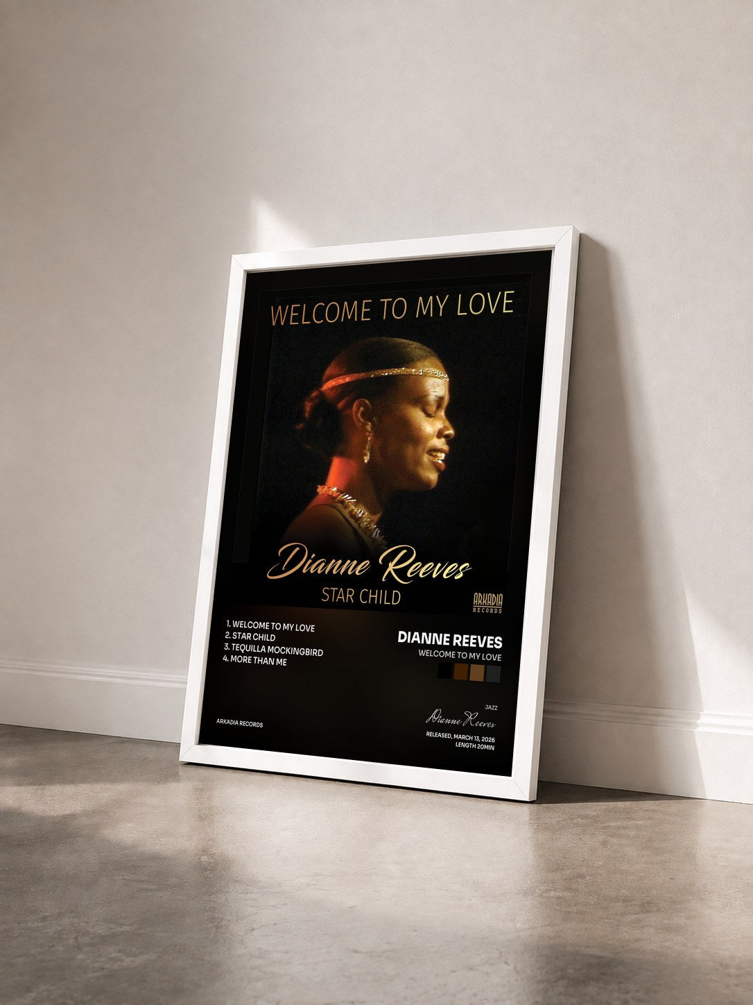 #blanc Tableau de l'album Welcome To My Love de Dianne Reeves vu de trois quarts, cadre blanc