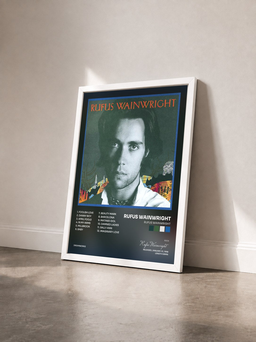 #blanc Tableau de l'album Rufus Wainwright de Rufus Wainwright vu de trois quarts, cadre blanc