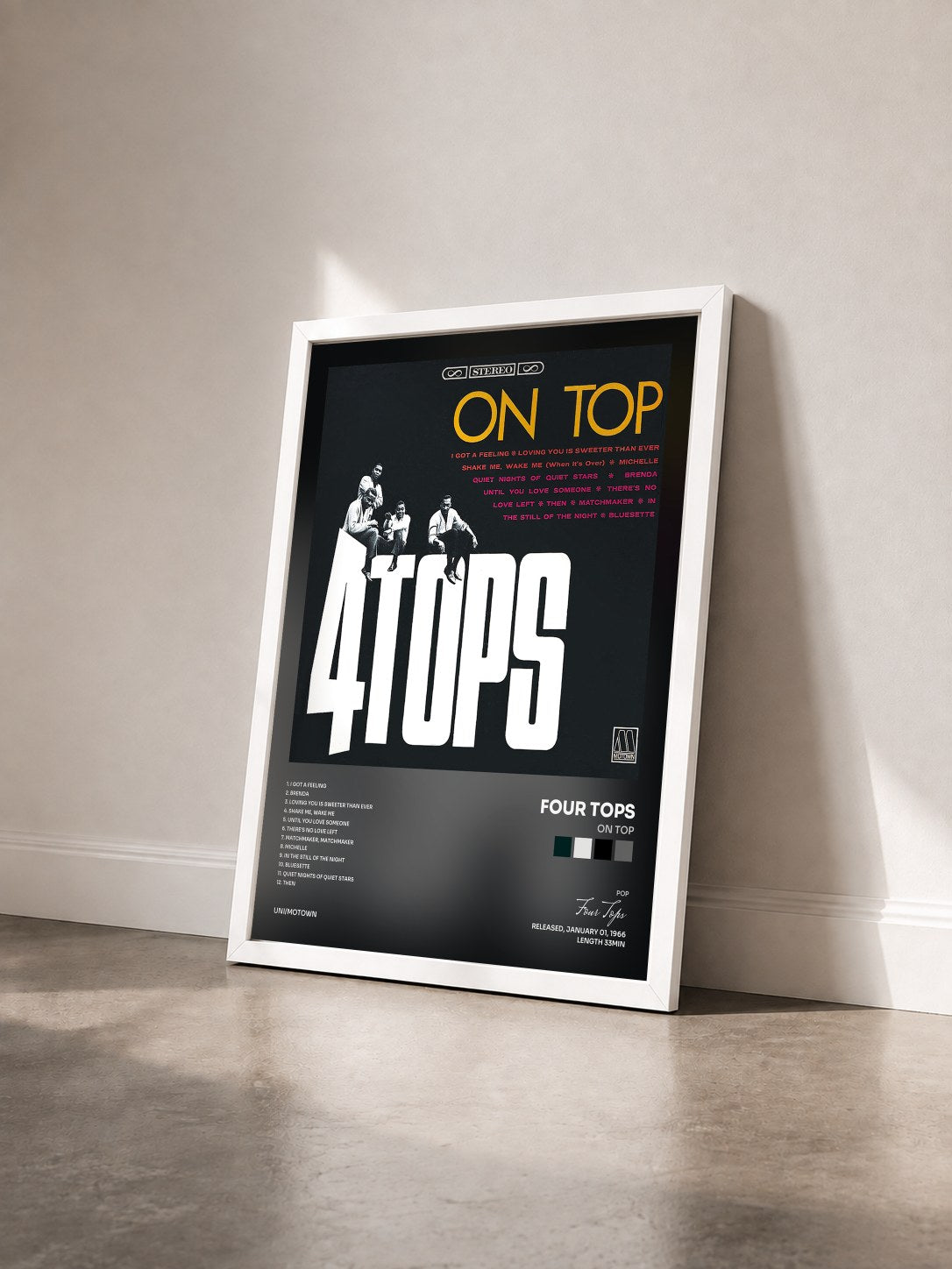 #blanc Tableau de l'album On Top de Four Tops vu de trois quarts, cadre blanc
