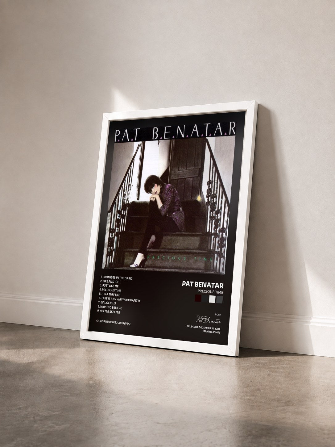 #blanc Tableau de l'album Precious Time de Pat Benatar vu de trois quarts, cadre blanc