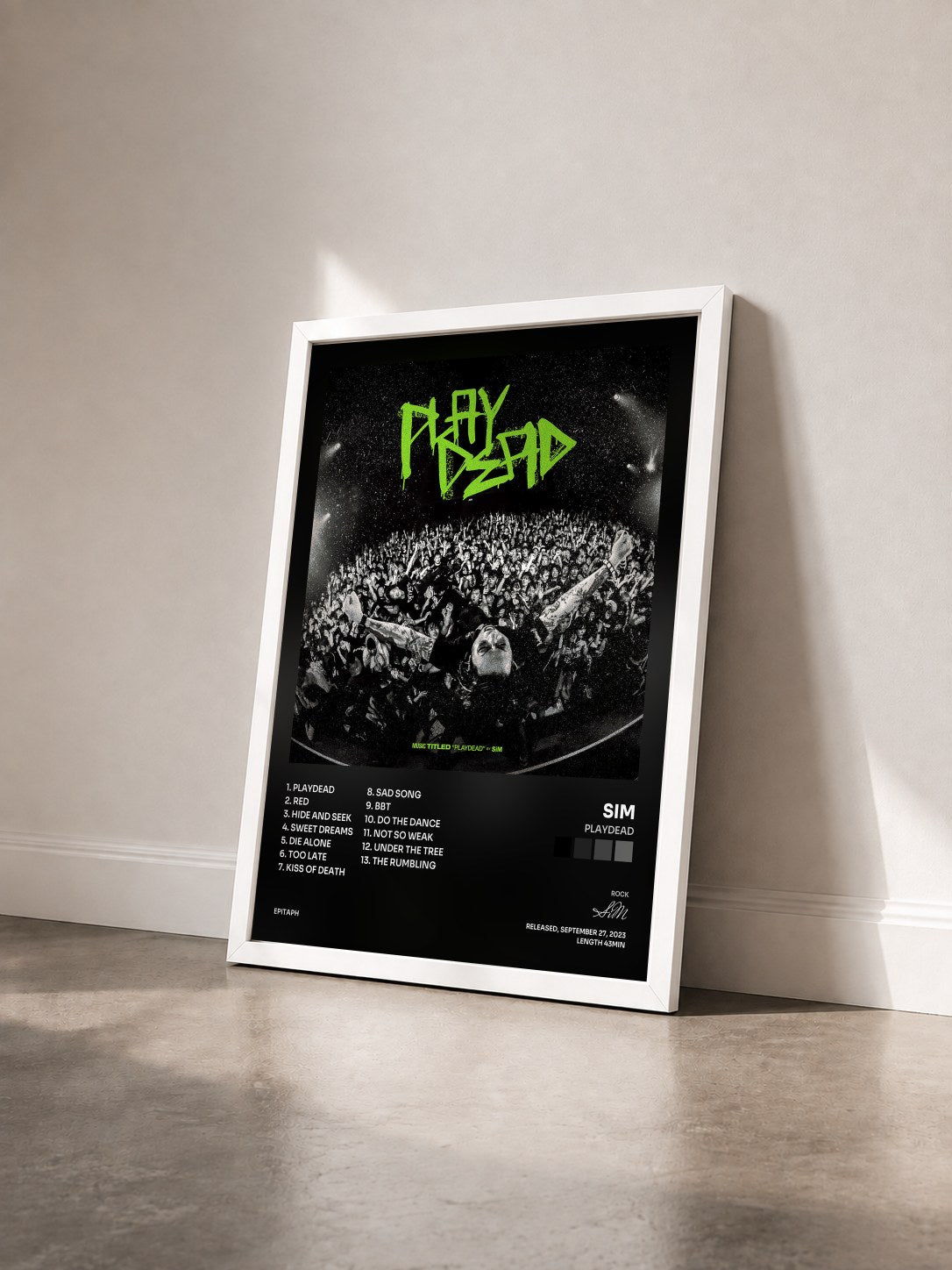 #blanc Tableau de l'album PLAYDEAD de SiM vu de trois quarts, cadre blanc