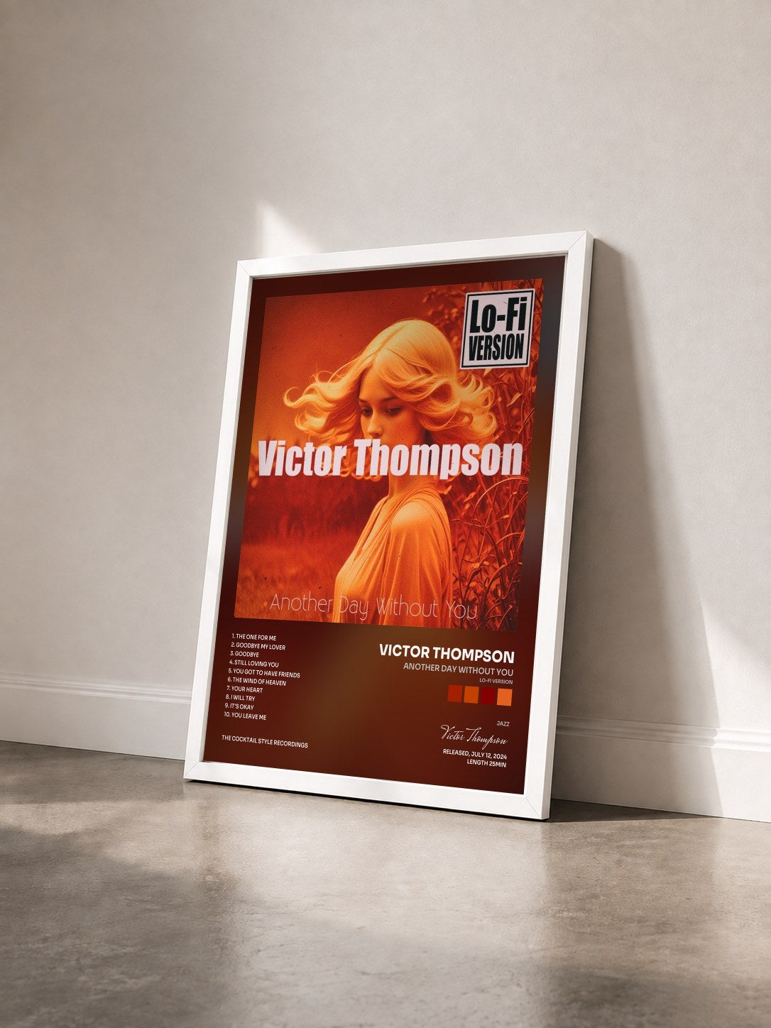 #blanc Tableau de l'album Another Day Without You (Lo-Fi Version) de Victor Thompson vu de trois quarts, cadre blanc