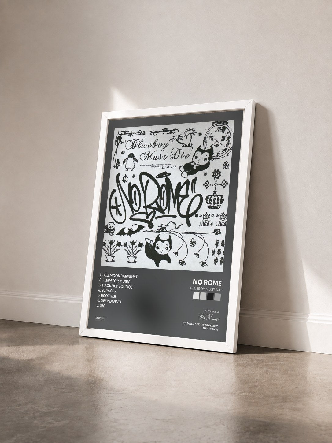#blanc Tableau de l'album Blueboy Must Die de No Rome vu de trois quarts, cadre blanc
