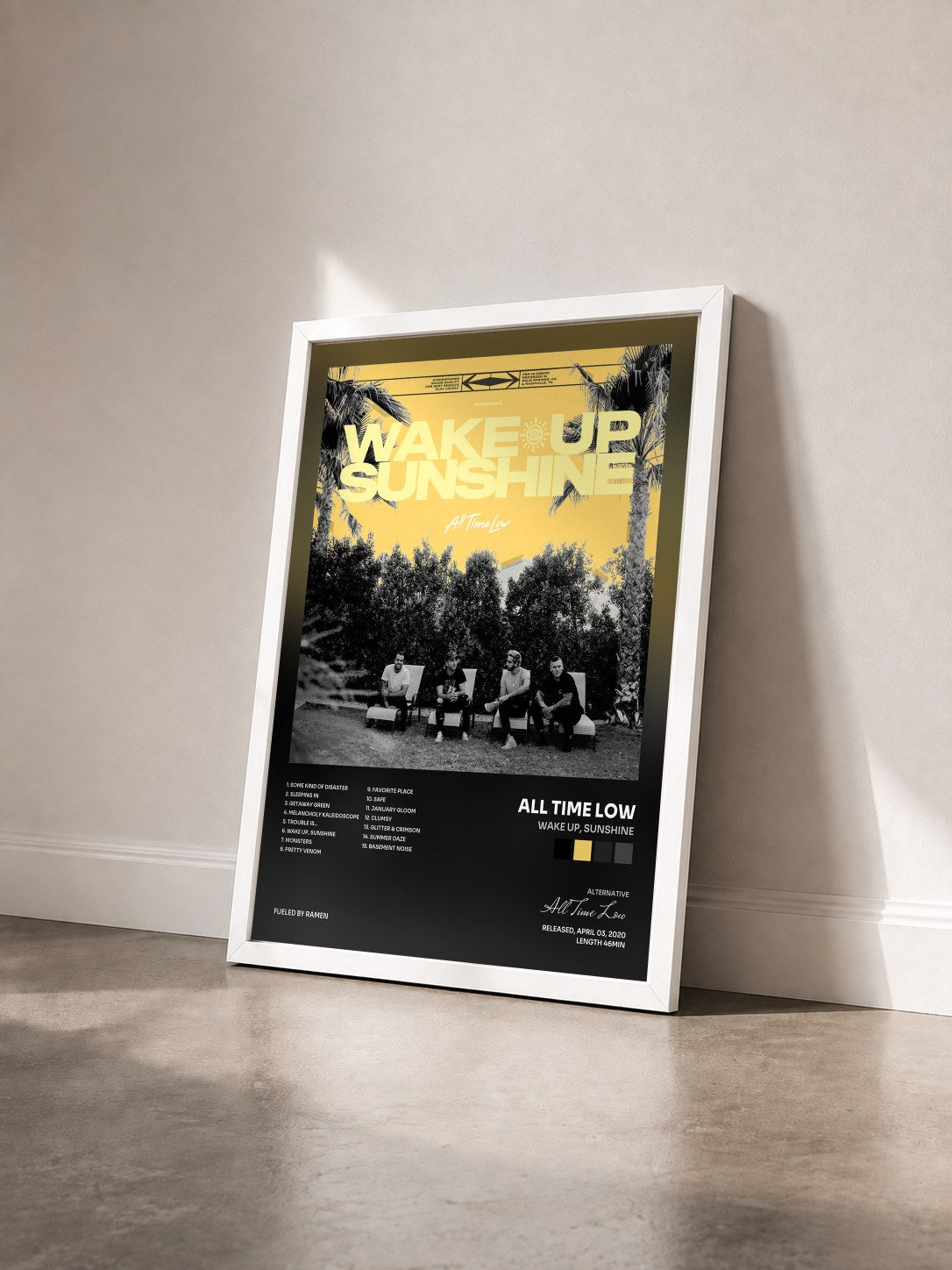 #blanc Tableau de l'album Wake Up, Sunshine de All Time Low vu de trois quarts, cadre blanc