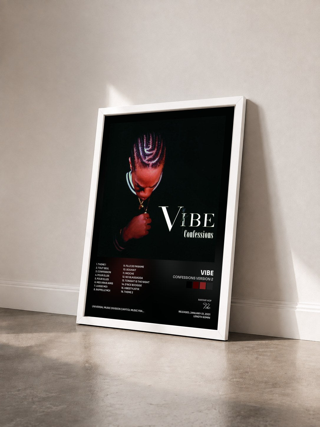 #blanc Tableau de l'album Confessions Version 2 de Vibe vu de trois quarts, cadre blanc