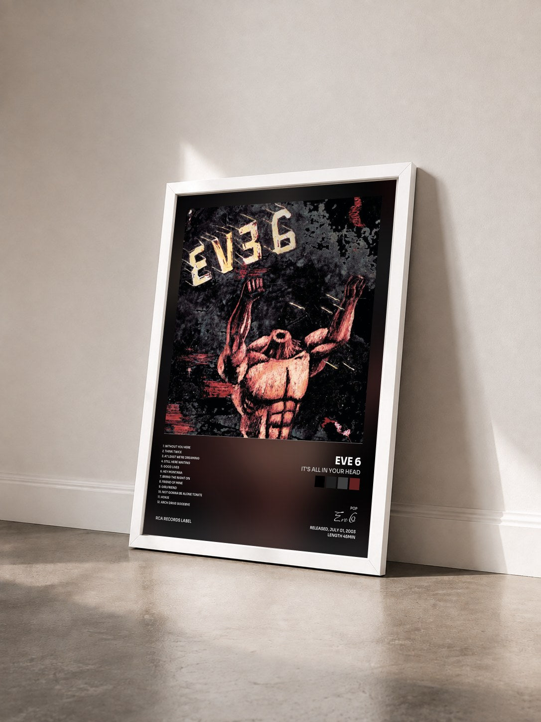 #blanc Tableau de l'album It's All In Your Head de Eve 6 vu de trois quarts, cadre blanc