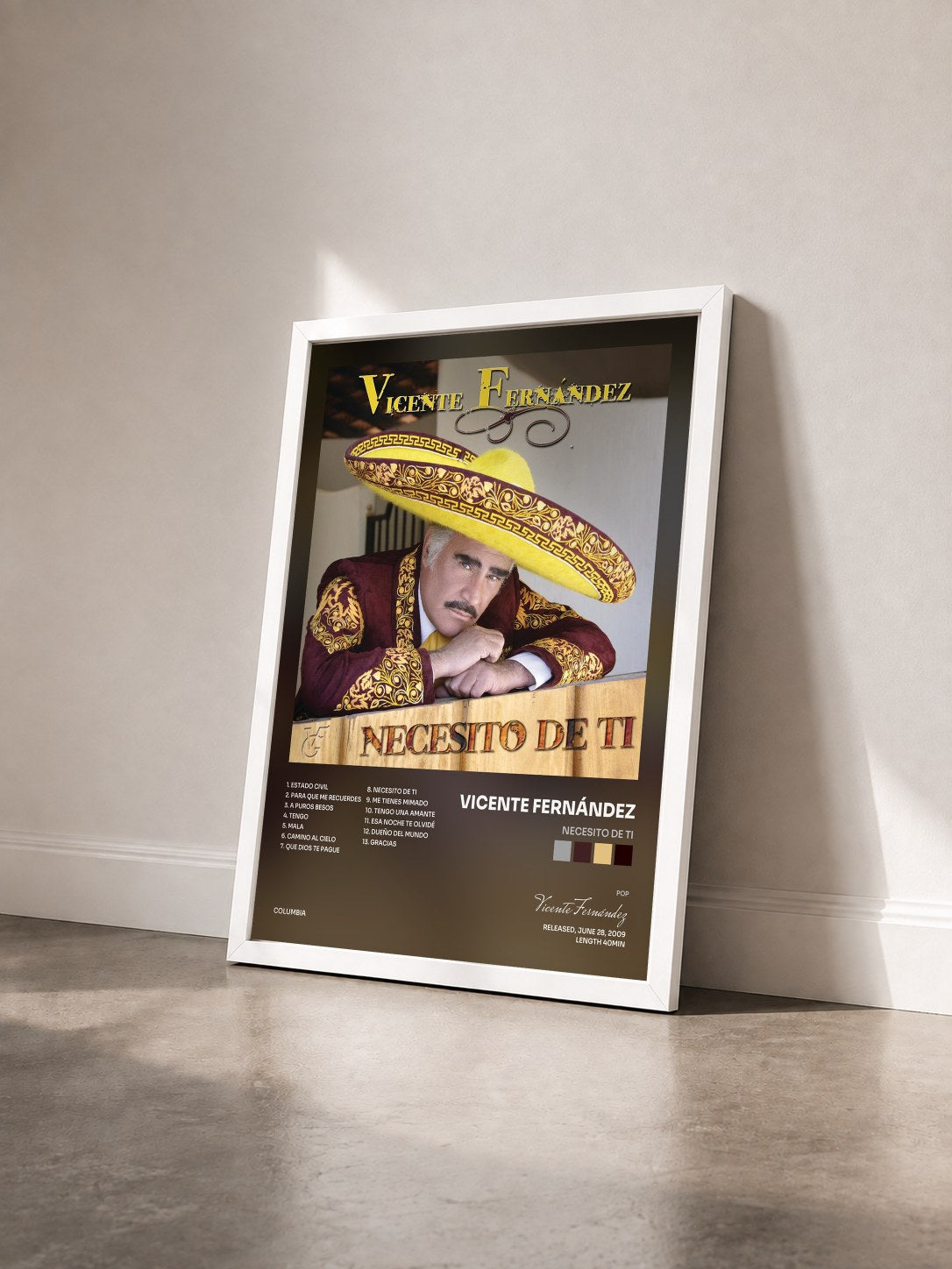#blanc Tableau de l'album Necesito De Ti de Vicente Fernández vu de trois quarts, cadre blanc
